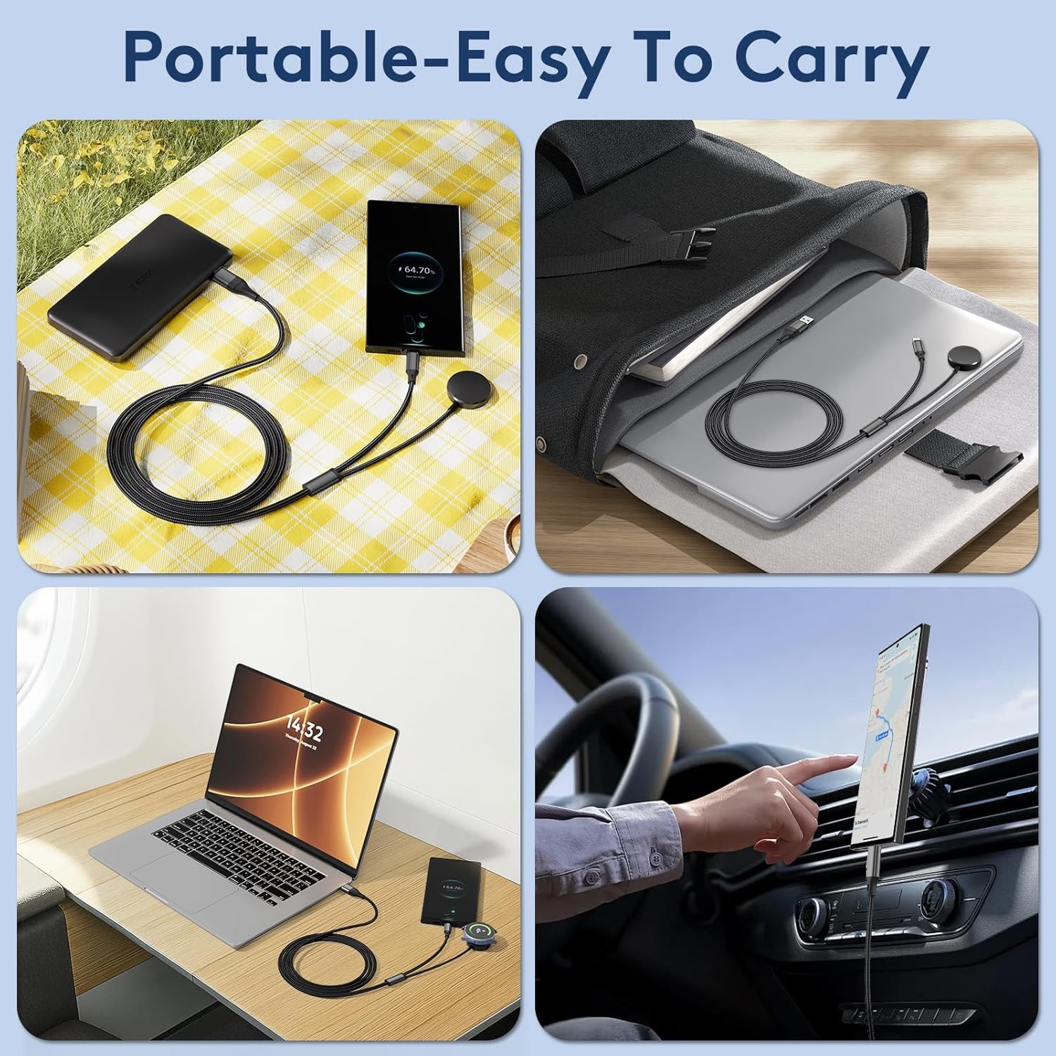 USB A/C to Galaxy Watch/USB C Portable Travel Charger Cable, 2-in-2 Car Magnetic