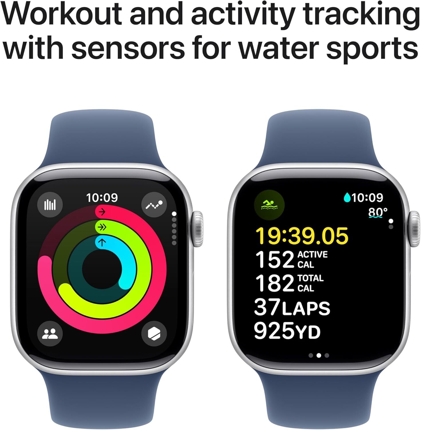 Apple Watch Series 10 42mm Silver Aluminum Case Denim Sport Band – S/M MWWA3LW/A