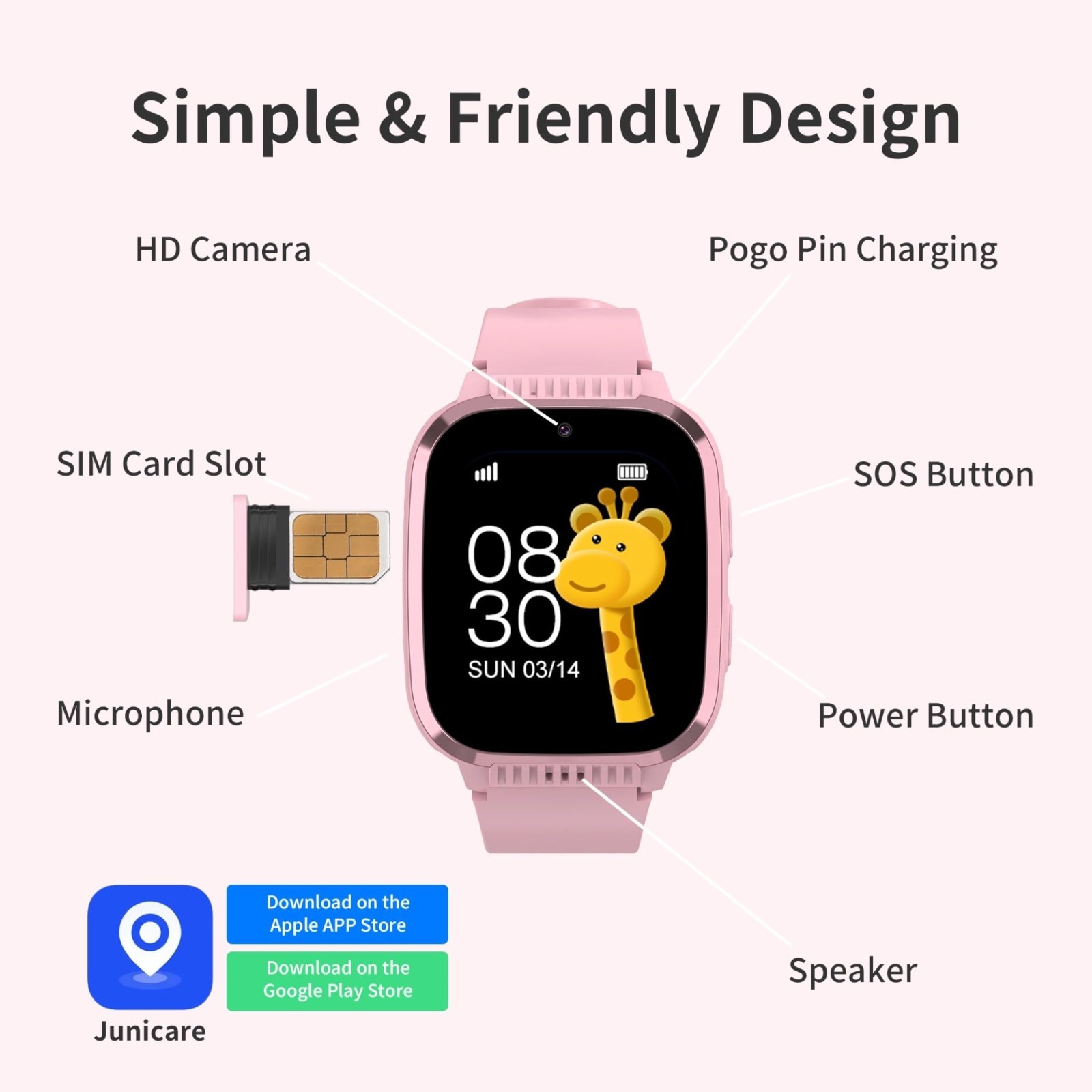 4G Kids Smart Watch with GPS Tracker & SOS Call, Pink, Age 5-12, HD Video, Paren