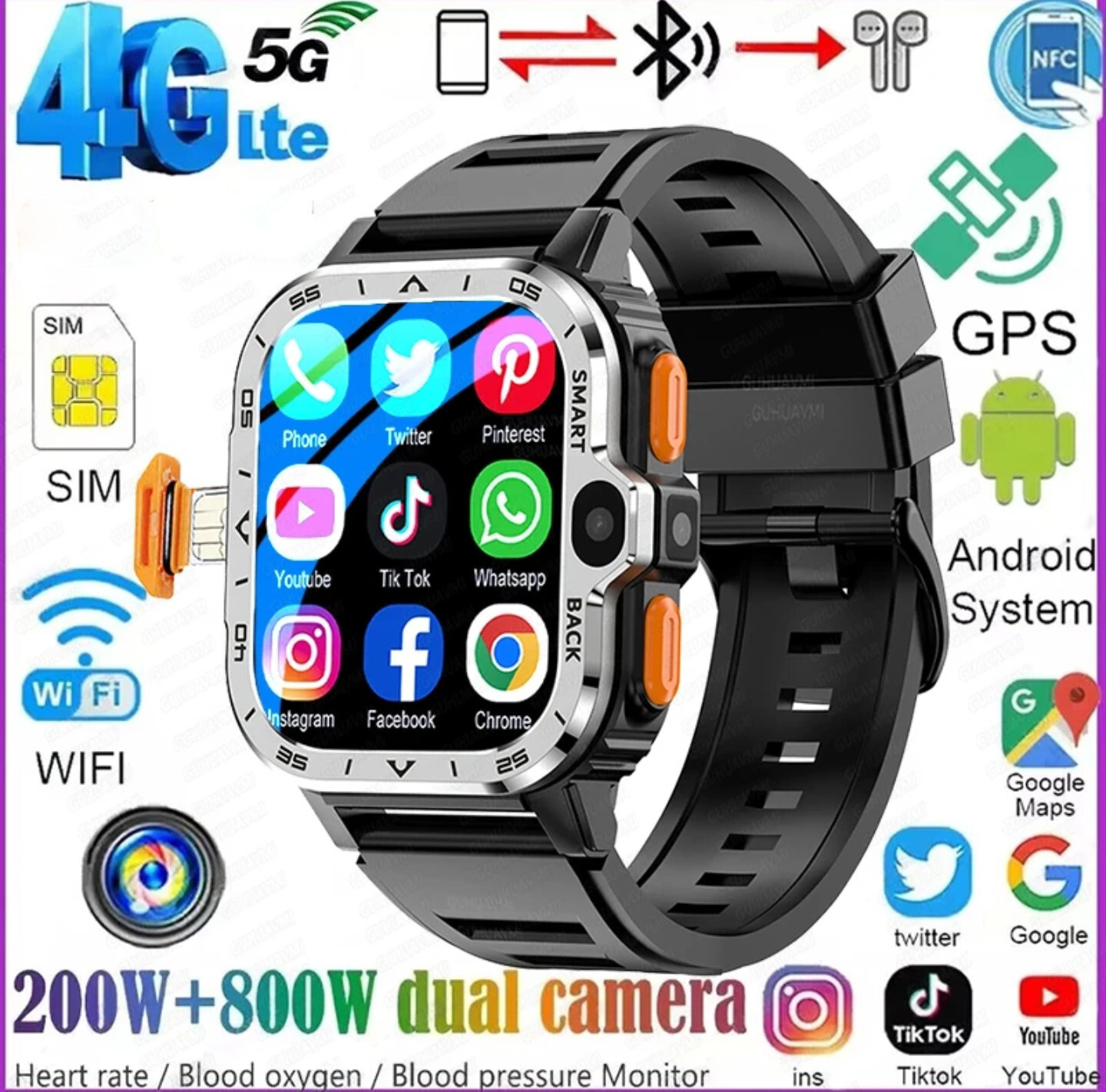 SALE PGD 5G Android Smart Watch 2.03″ AMOLED Screen GPS NFC Wifi SIM Dual Camera