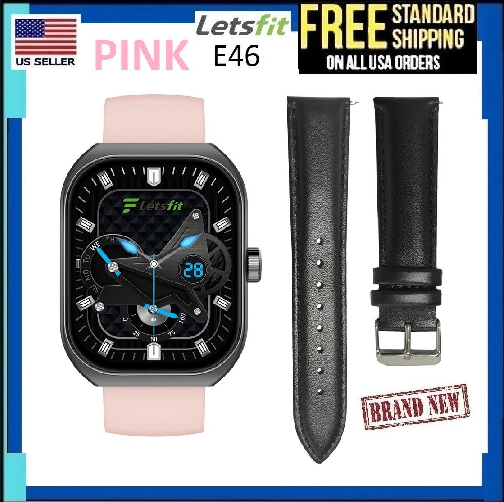 Letsfit E46 Smart Watch BLACK Bezel W/PINK&Black Bands Fitness Tracker Bluetooth