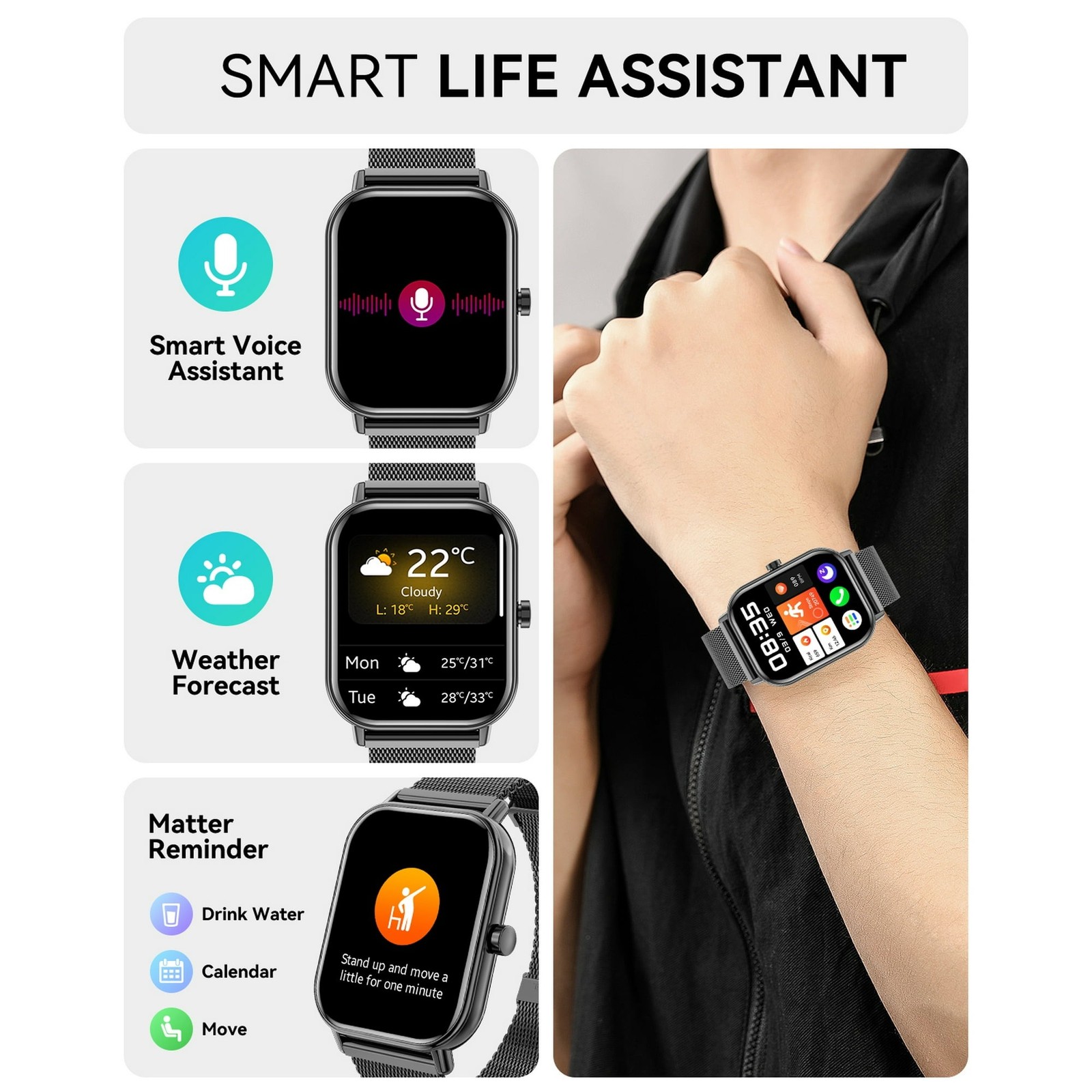 Mingdaln G39dianduhei Smart Watch, 1.85-Inch HD Touch Screen, Black
