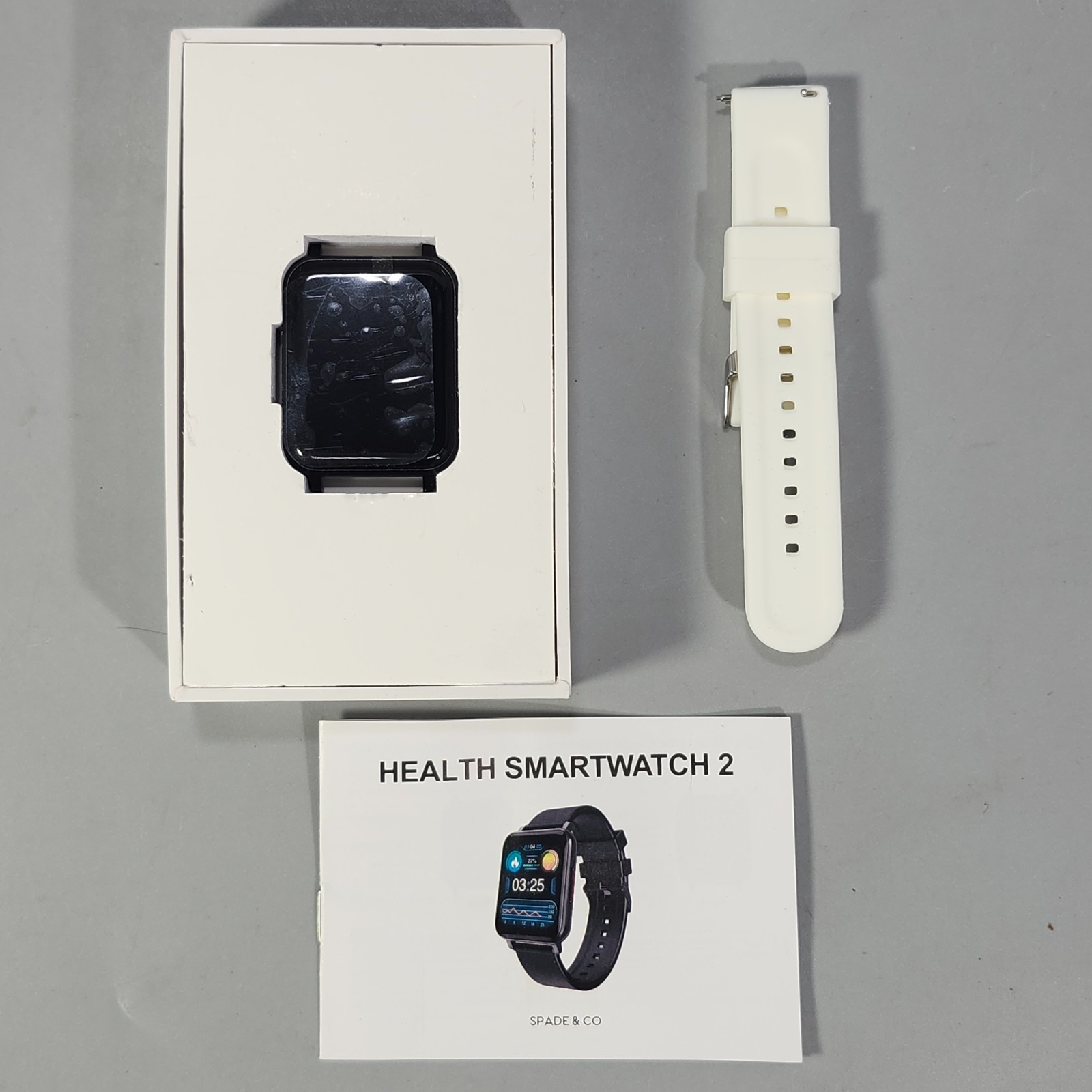 Spade and Co Health Smartwatch 2 Fitness Tracker Watch Black Face White Band