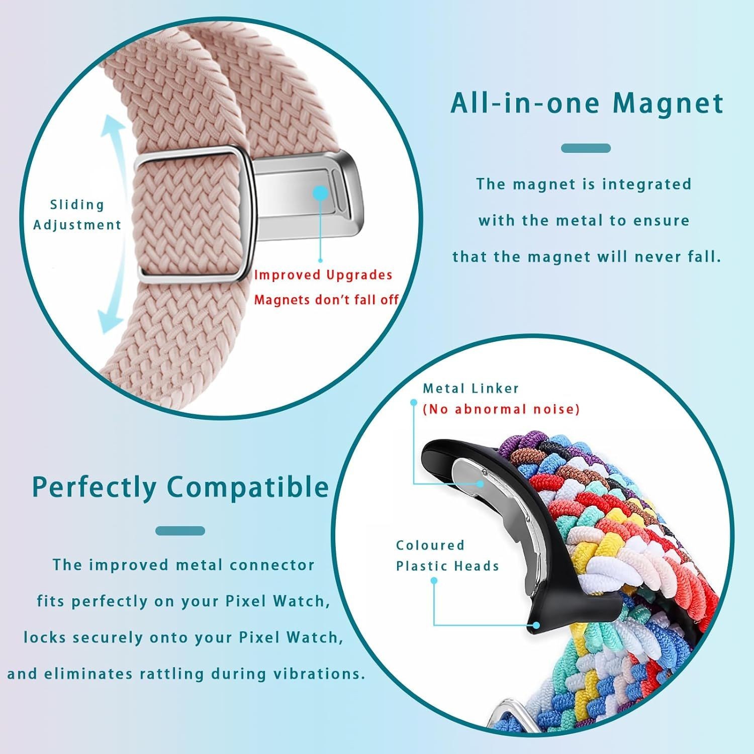 Adjustable Braided Magnetic Band for Google Pixel Watch 41mm 45mm, Black Nylon