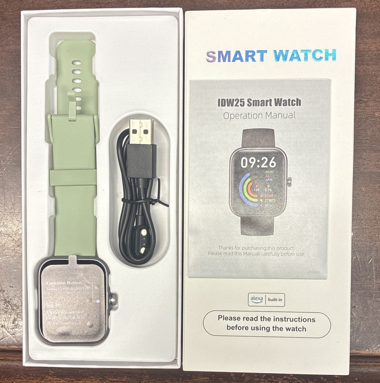 IDW25 Smart Watch 44mm Silver Metal Case Green Silicone Band Alexa Unlocked