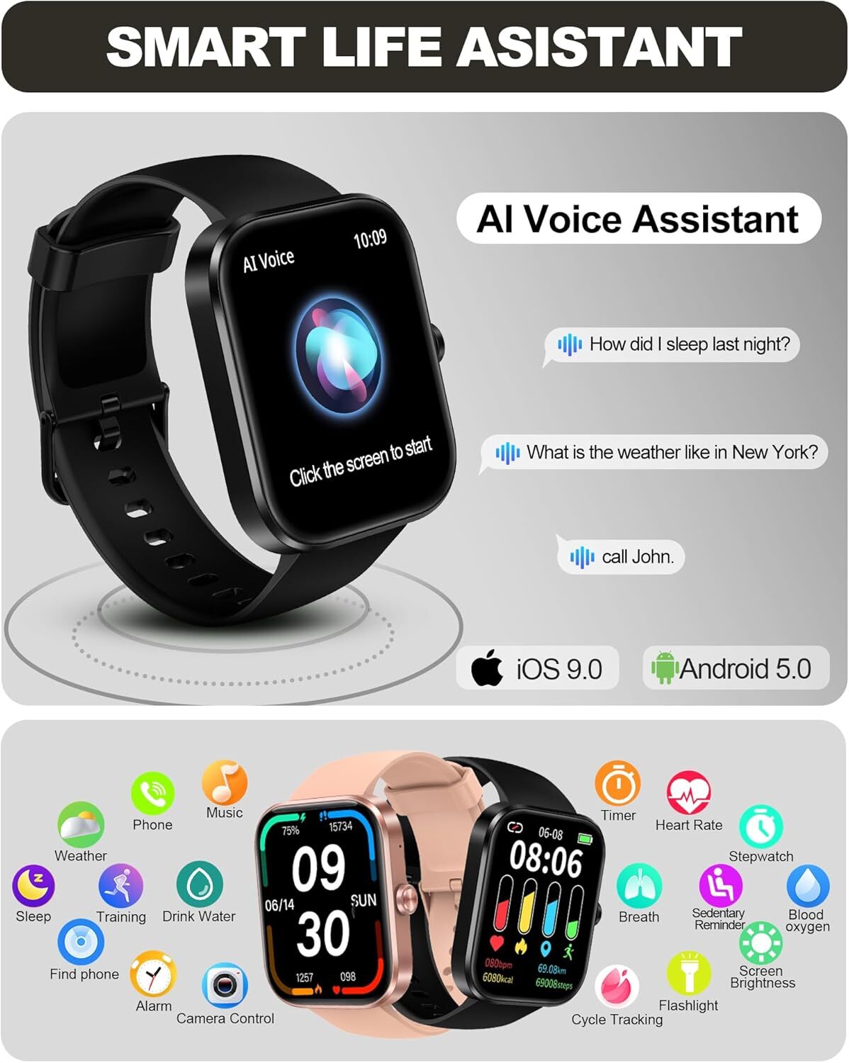 Smart Watch for Men Women(Answer/Make Call)-1.91″ HD Fitness BLACK