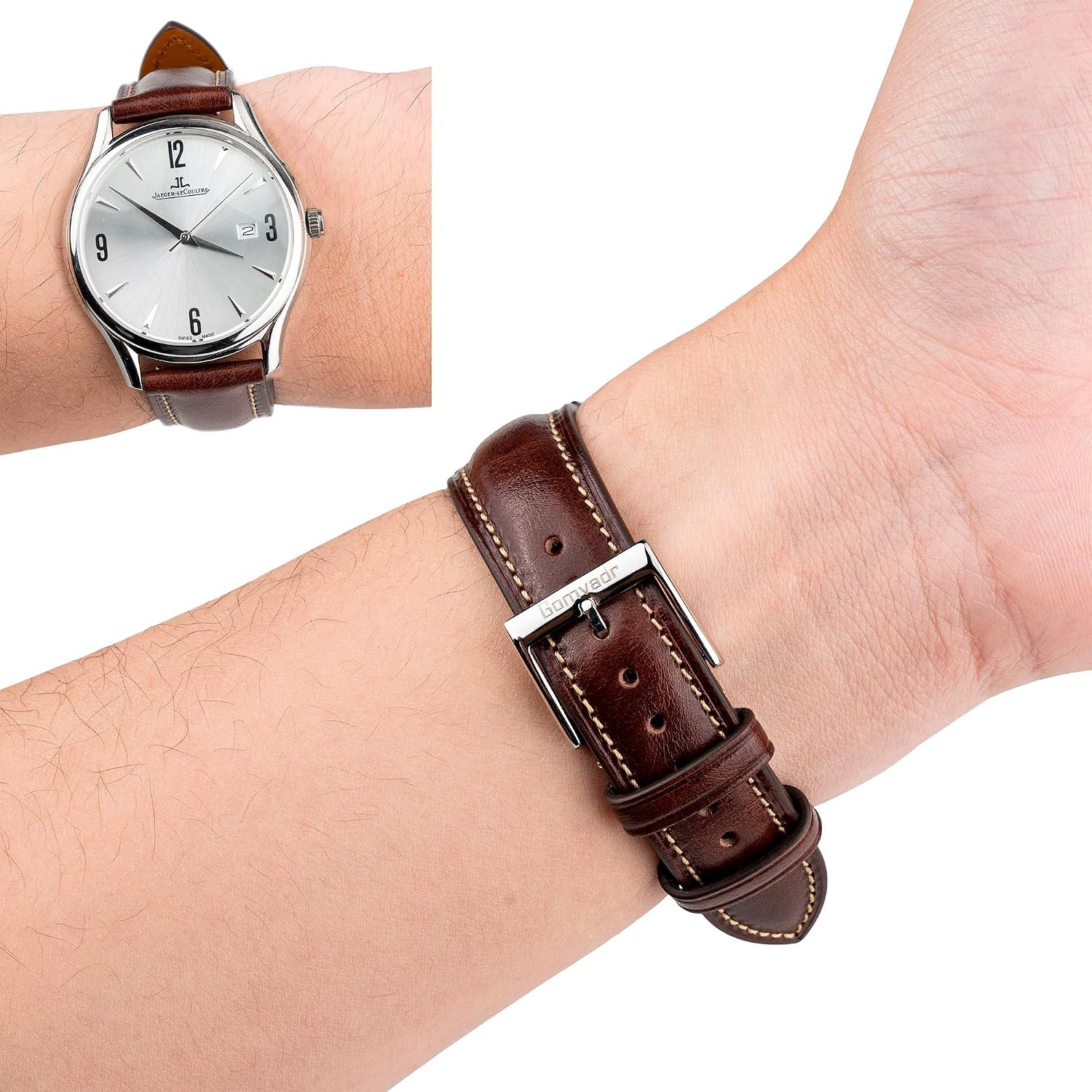 Case For 19mm Quick Release Leather Watch Band, Coffee, Silver Buckle