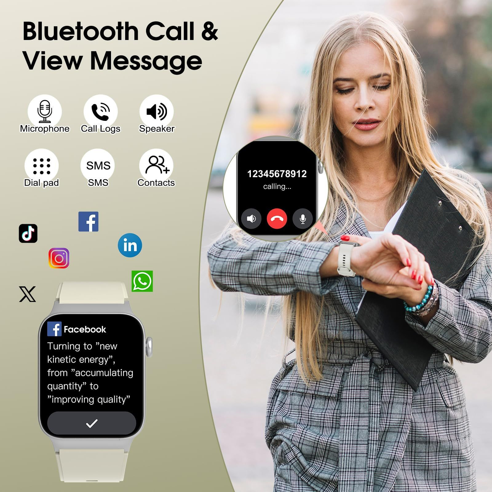 STECEi Smart Watch for Men Women Bluetooth Call, 1.85″ HD Screen M, Off White