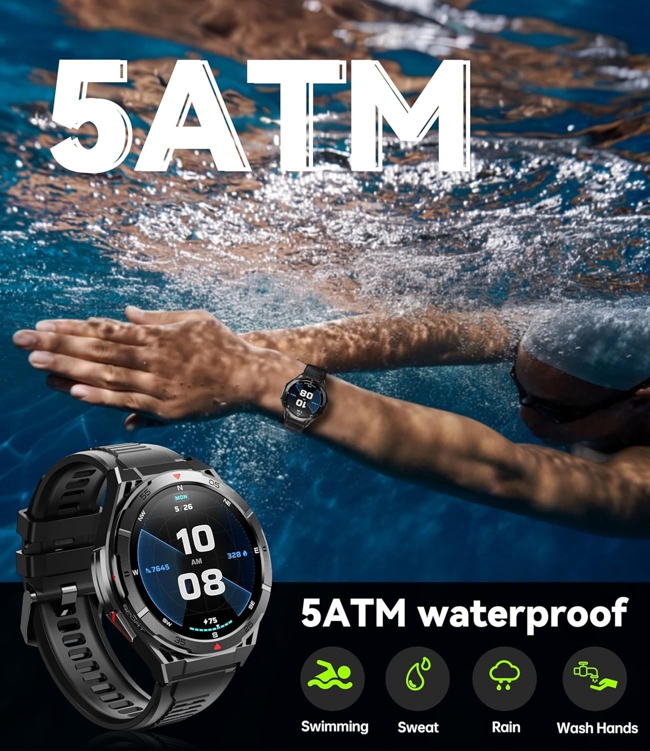Smart Watch for Men GPS, 1.43″ AMOLED Display, 5ATM Waterproof Military