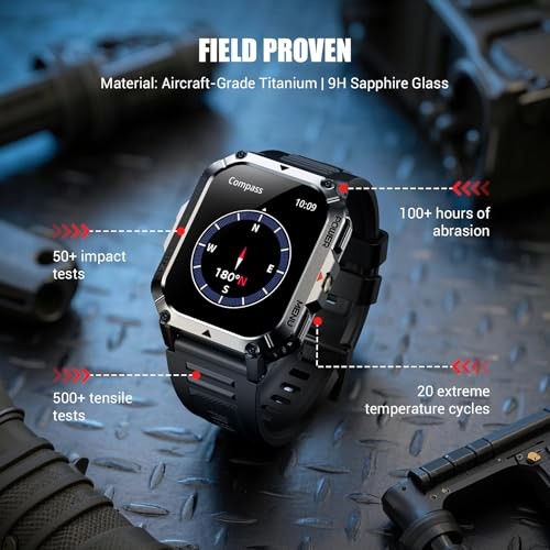 Military Tactical Smart Watches for Men, 100-Day Battery Rugged W70Pro-Black