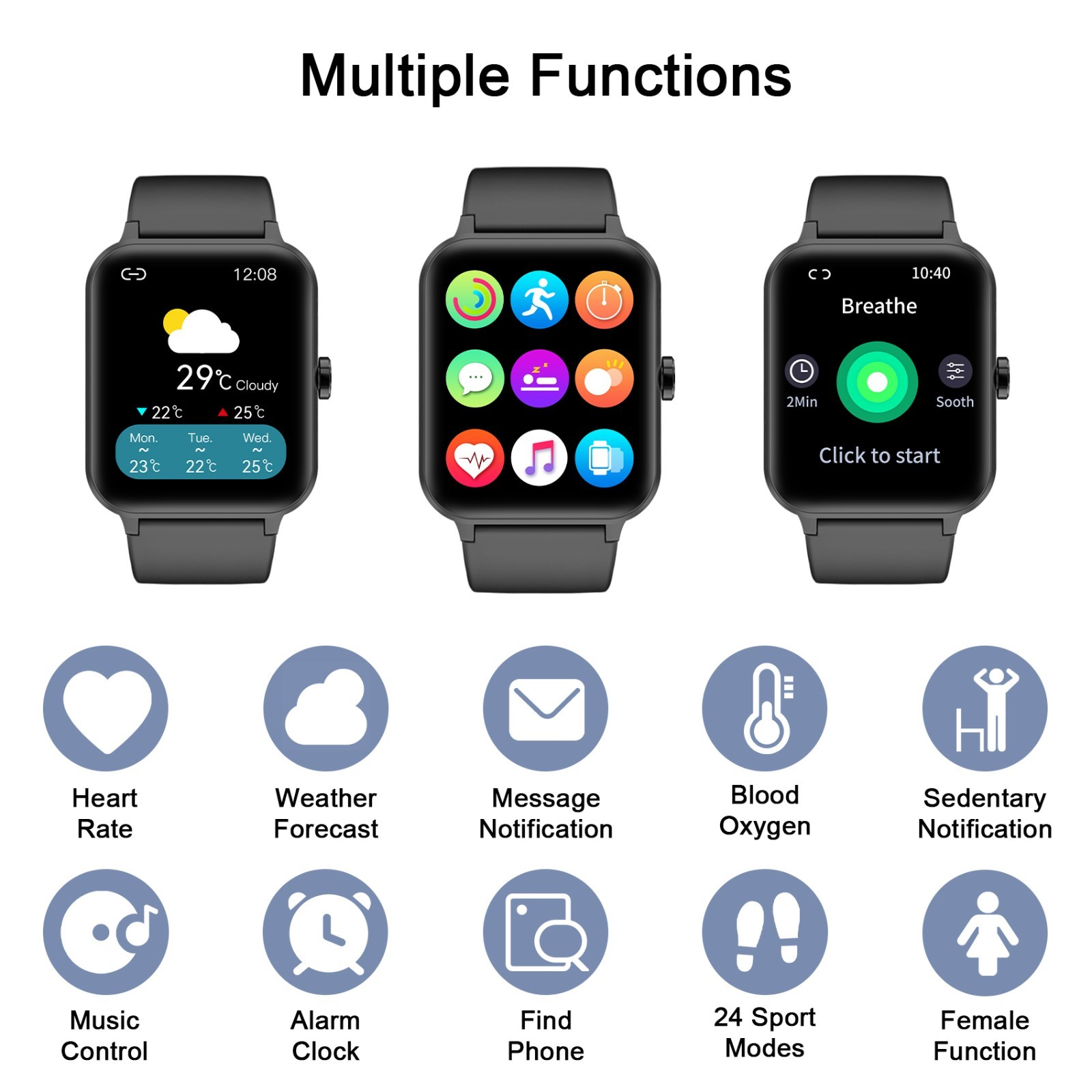 Smartwatch for Men/Women Bluetooth Compatible w/ iPhone Samsung Android Black