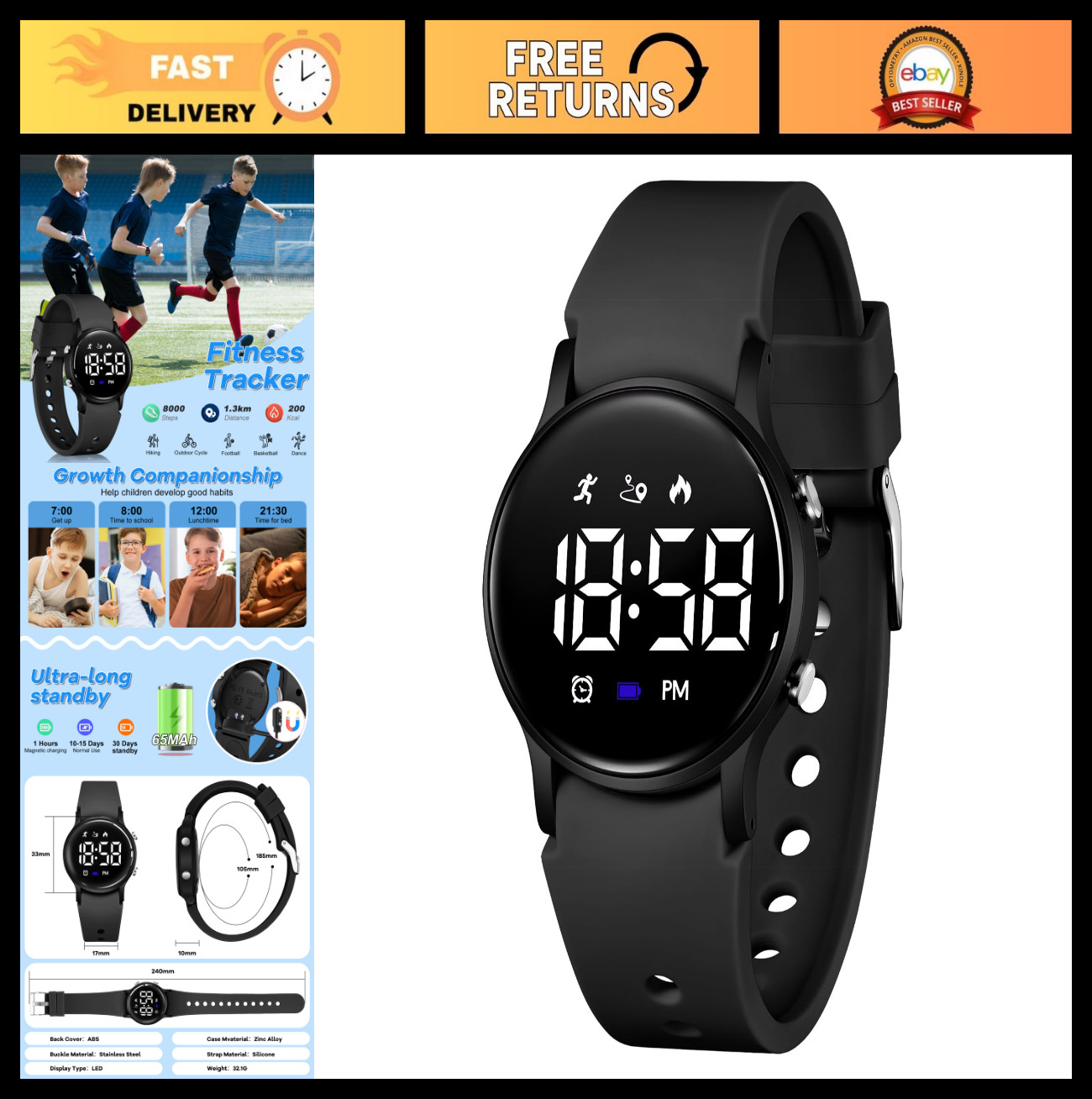 Waterproof Digital Kids Watch with Pedometer, Alarm, Stopwatch & Calendar – Ages