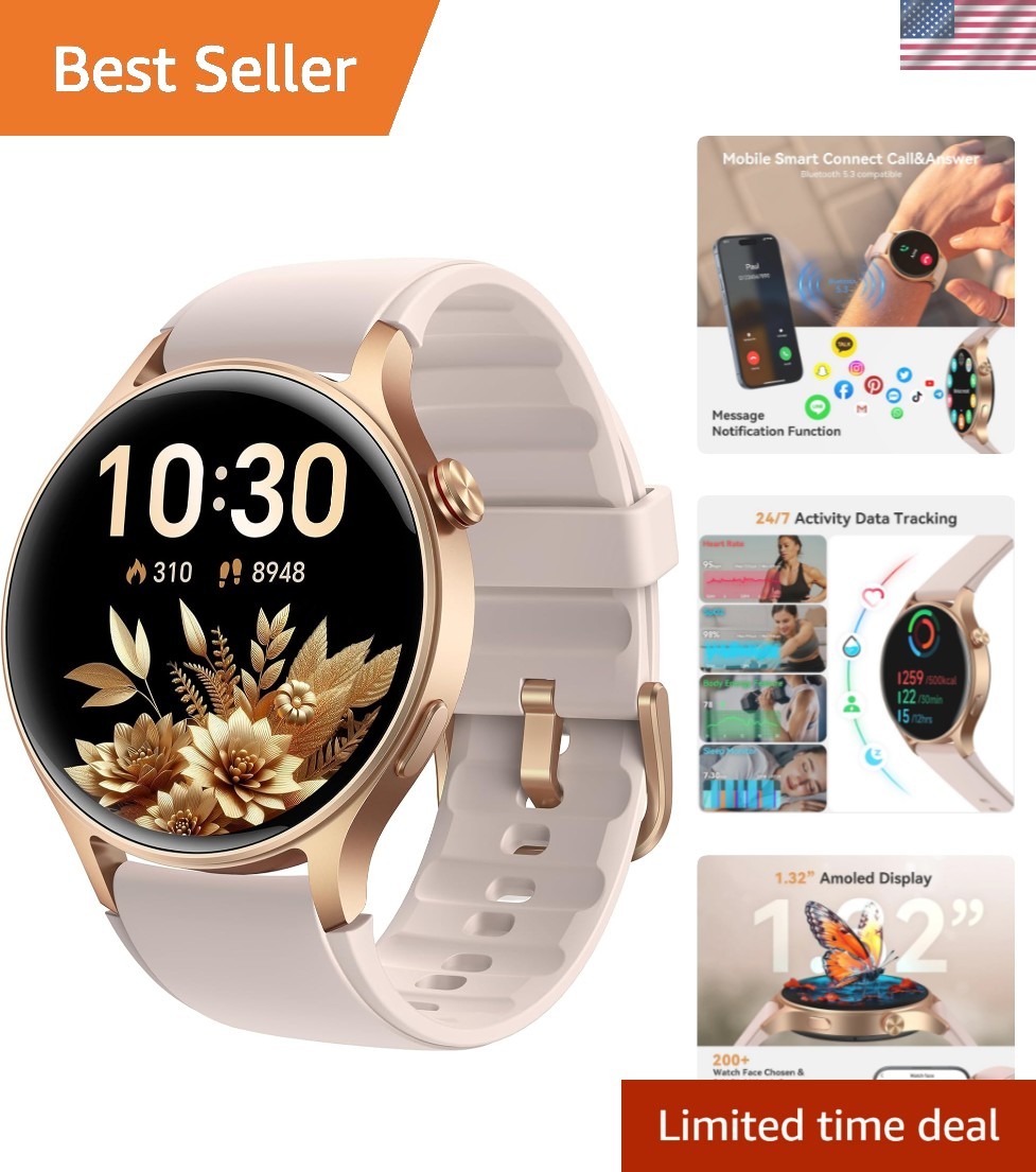Stylish 1.32” AMOLED Smartwatch – Heart/Sleep Monitor, 3ATM Waterproof, Calls