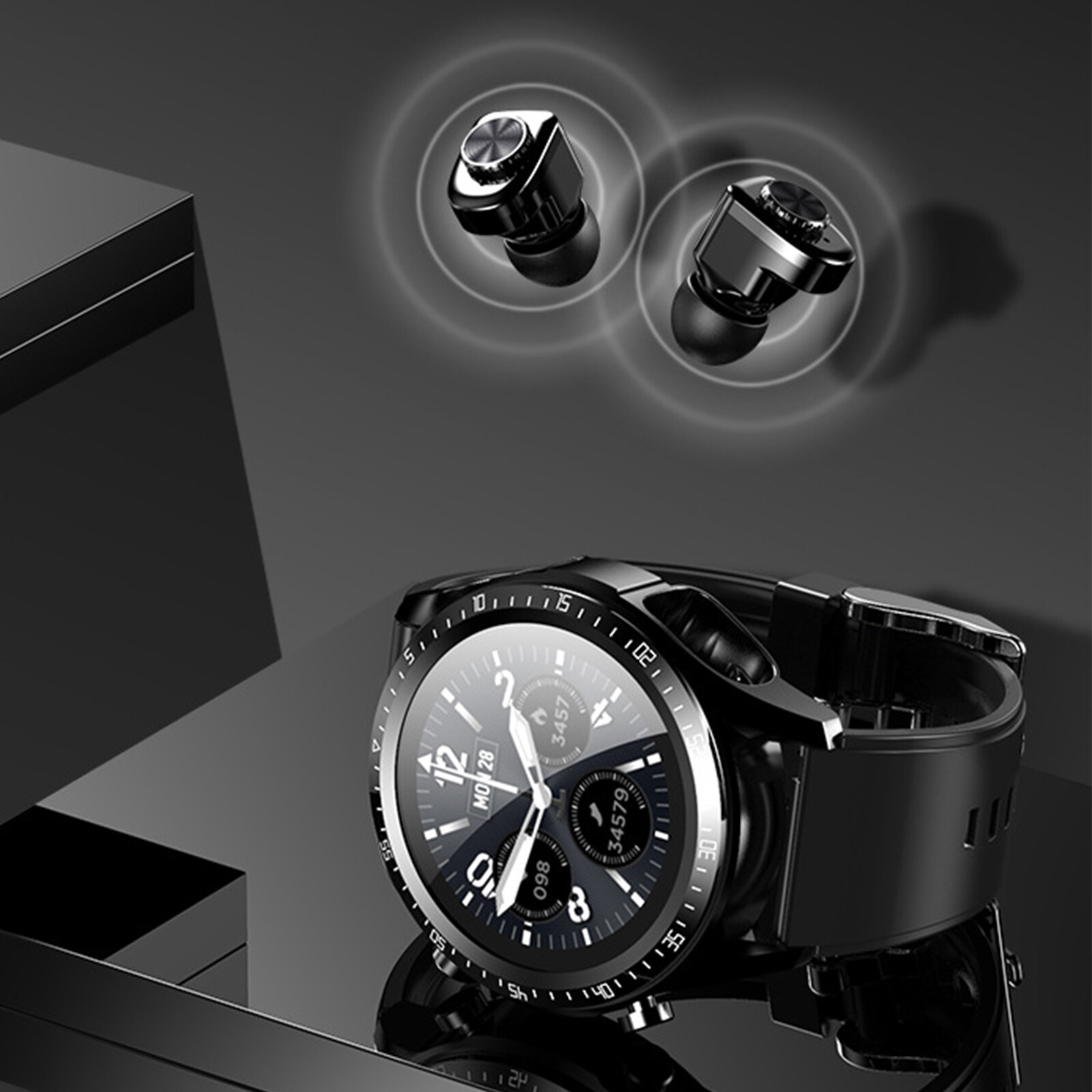 For Android Phone Smart Watch W/Earbuds Men Smartwatch 2-in-1 Wireless Headset