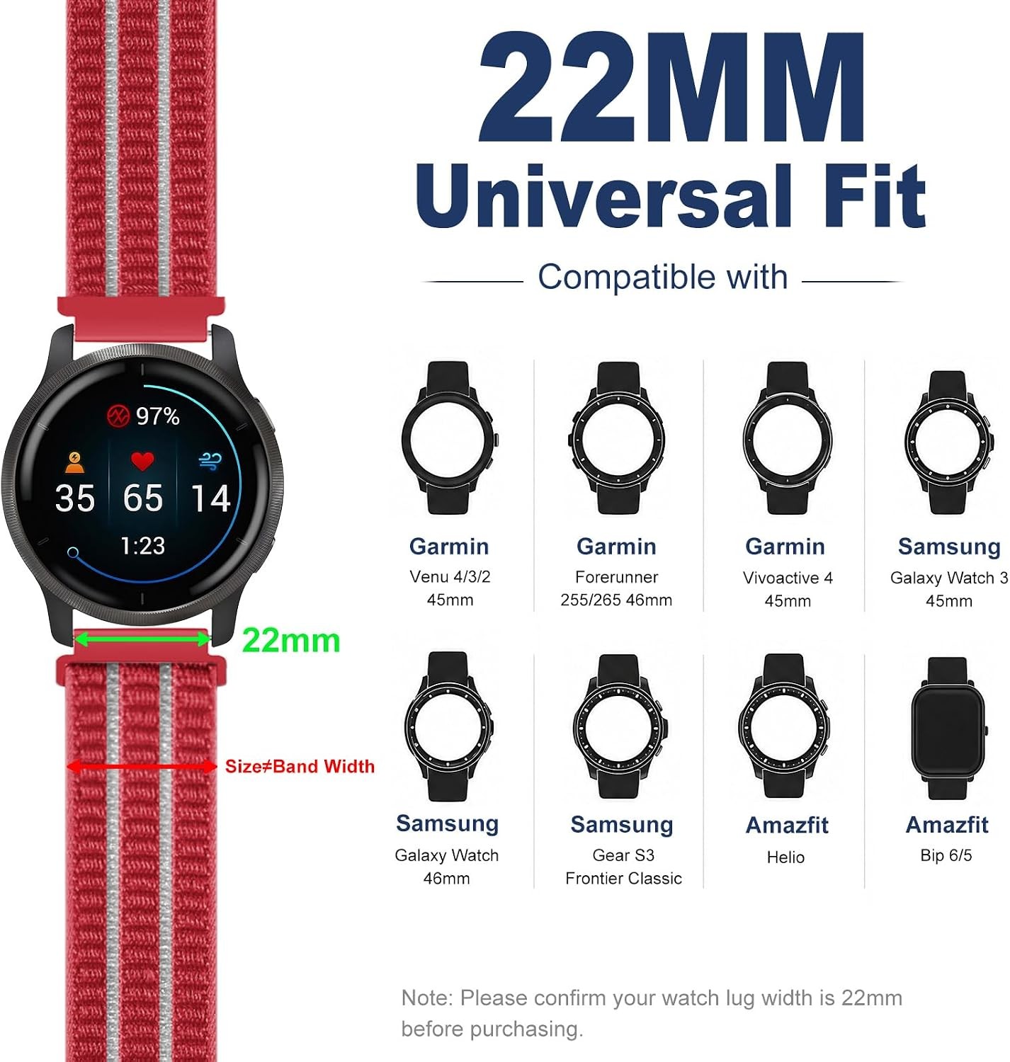 Nylon 22mm Quick Release Strap for Garmin Venu 4 45mm, Galaxy Watch 3 45mm