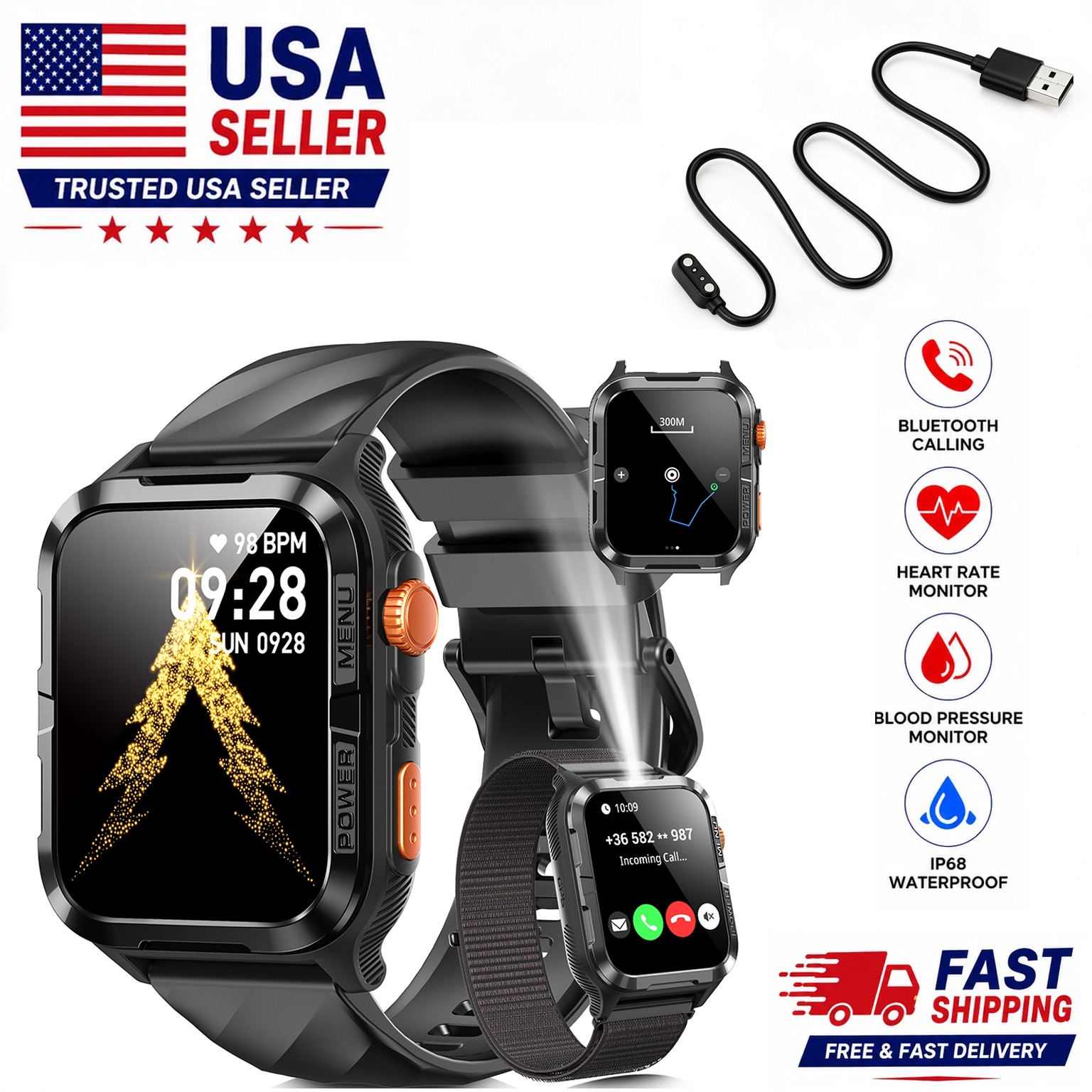 Military Smart Watch For Men Black Built-in GPS Fitness Tracker Waterproof IP68