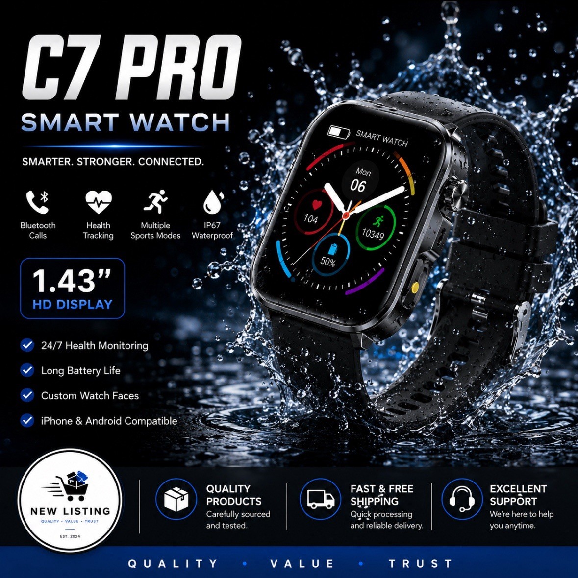 Smart Watch 1.43in HD Display Bluetooth Black Android iPhone