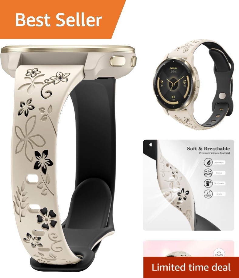 Stylish 18mm Floral Engraved Smartwatch Band for Venu, Forerunner & Vivoactive