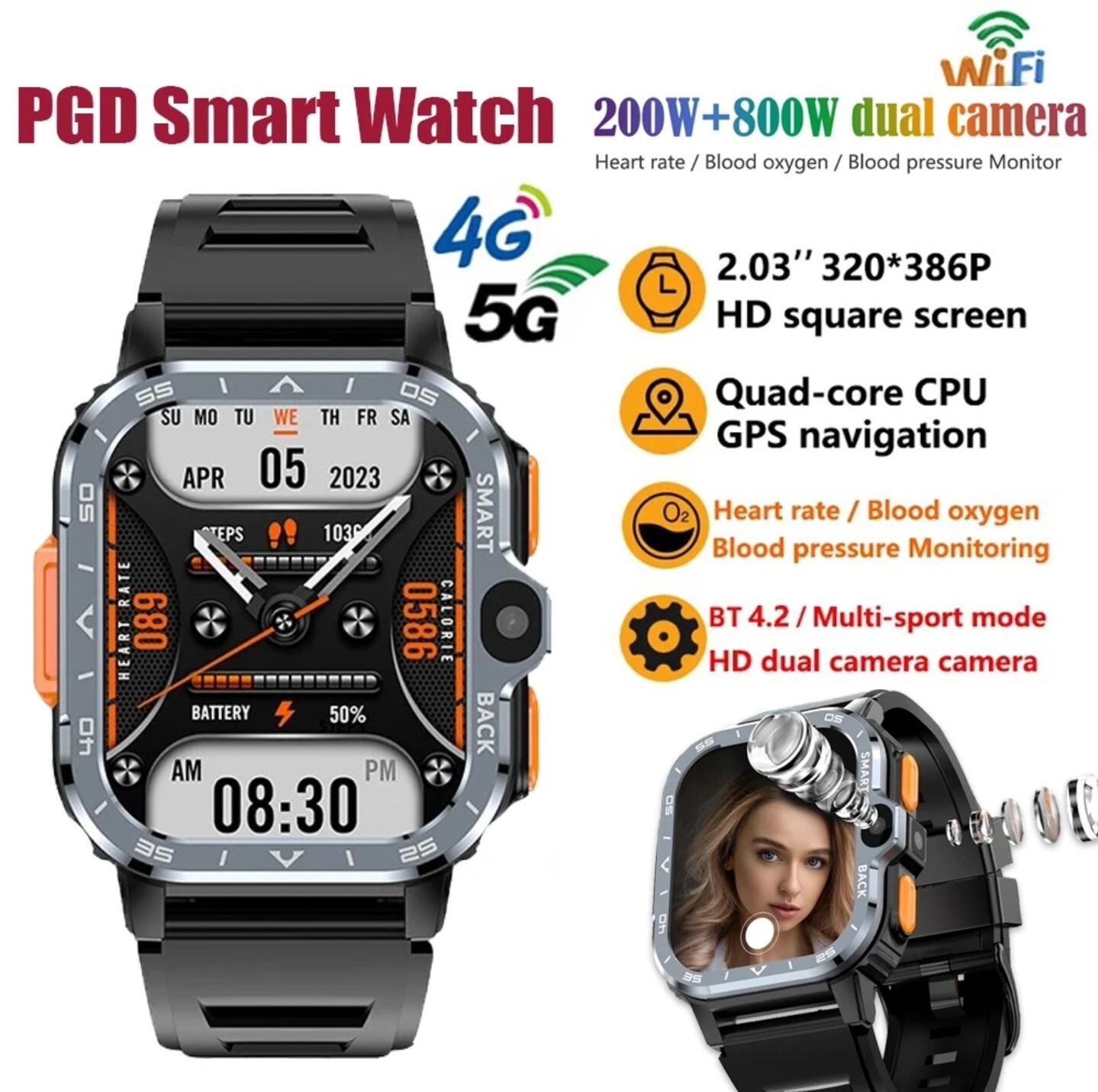 SALE PGD 5G Android Smart Watch 2.03″ AMOLED Screen GPS NFC Wifi SIM Dual Camera