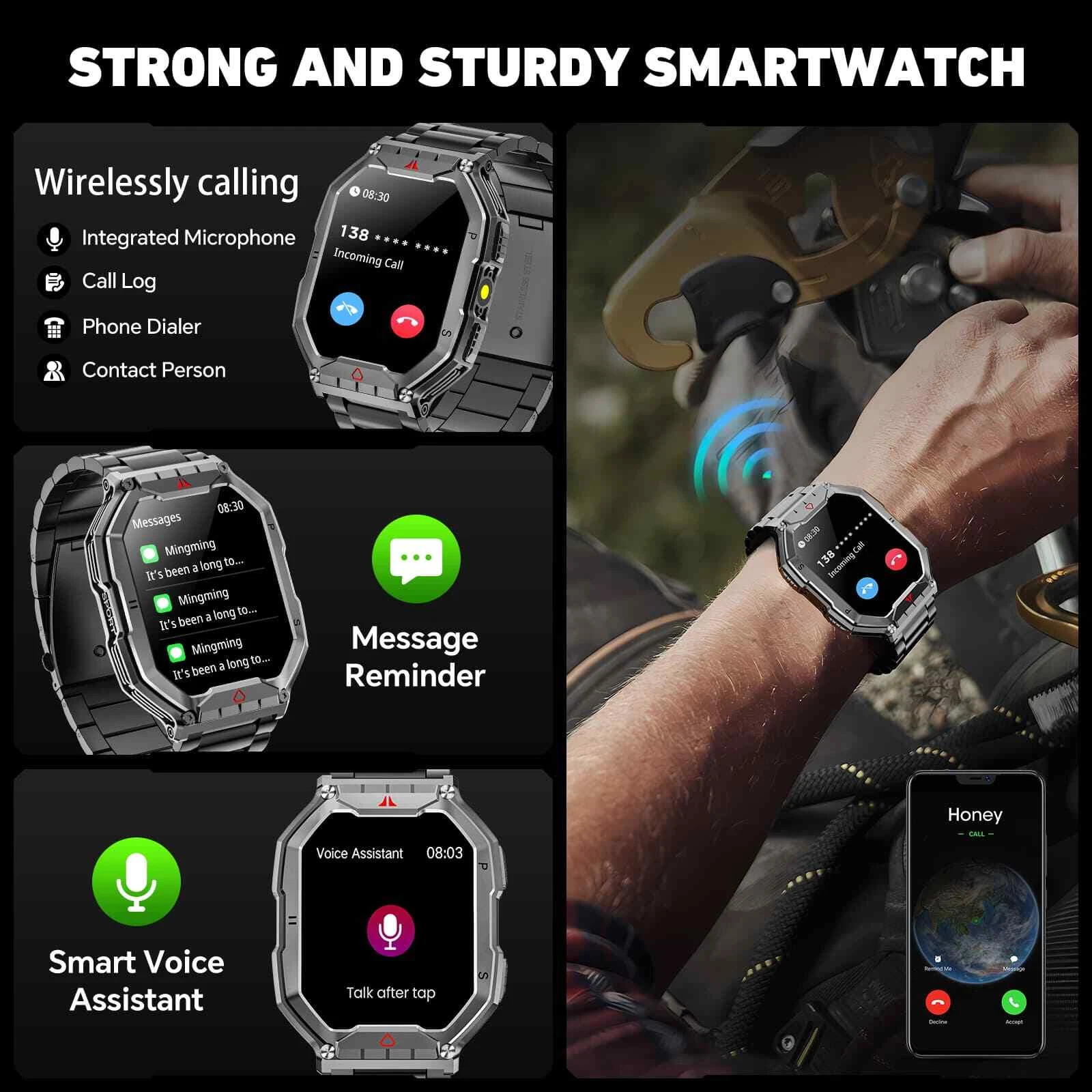 🔥2.1″ Smartwatch (Answer/Make Call) 3ATM Waterproof 650mAh Military Sport Watch