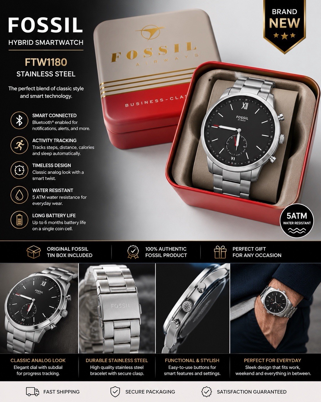Fossil Hybrid FTW1180 42mm Silver Stainless Steel Smartwatch Activity Track