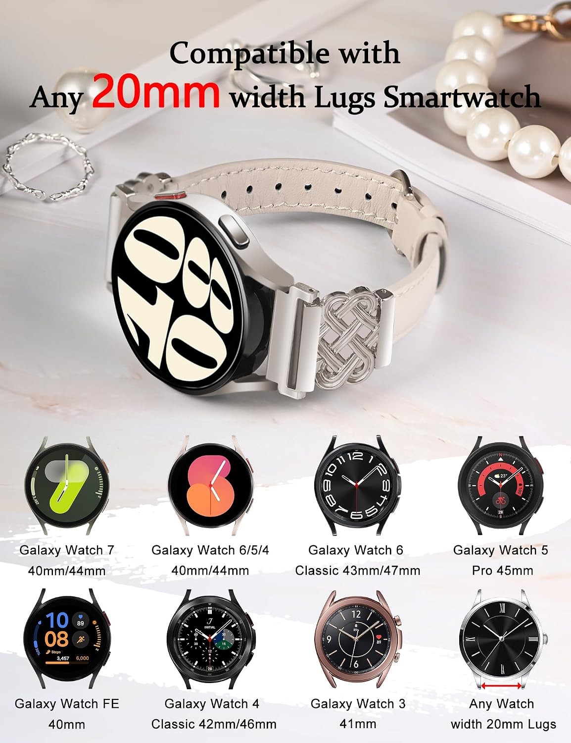 Leather Band for Samsung Galaxy Watch 7 6 5 4 40mm 44mm, Celtic Metal Dressy Str