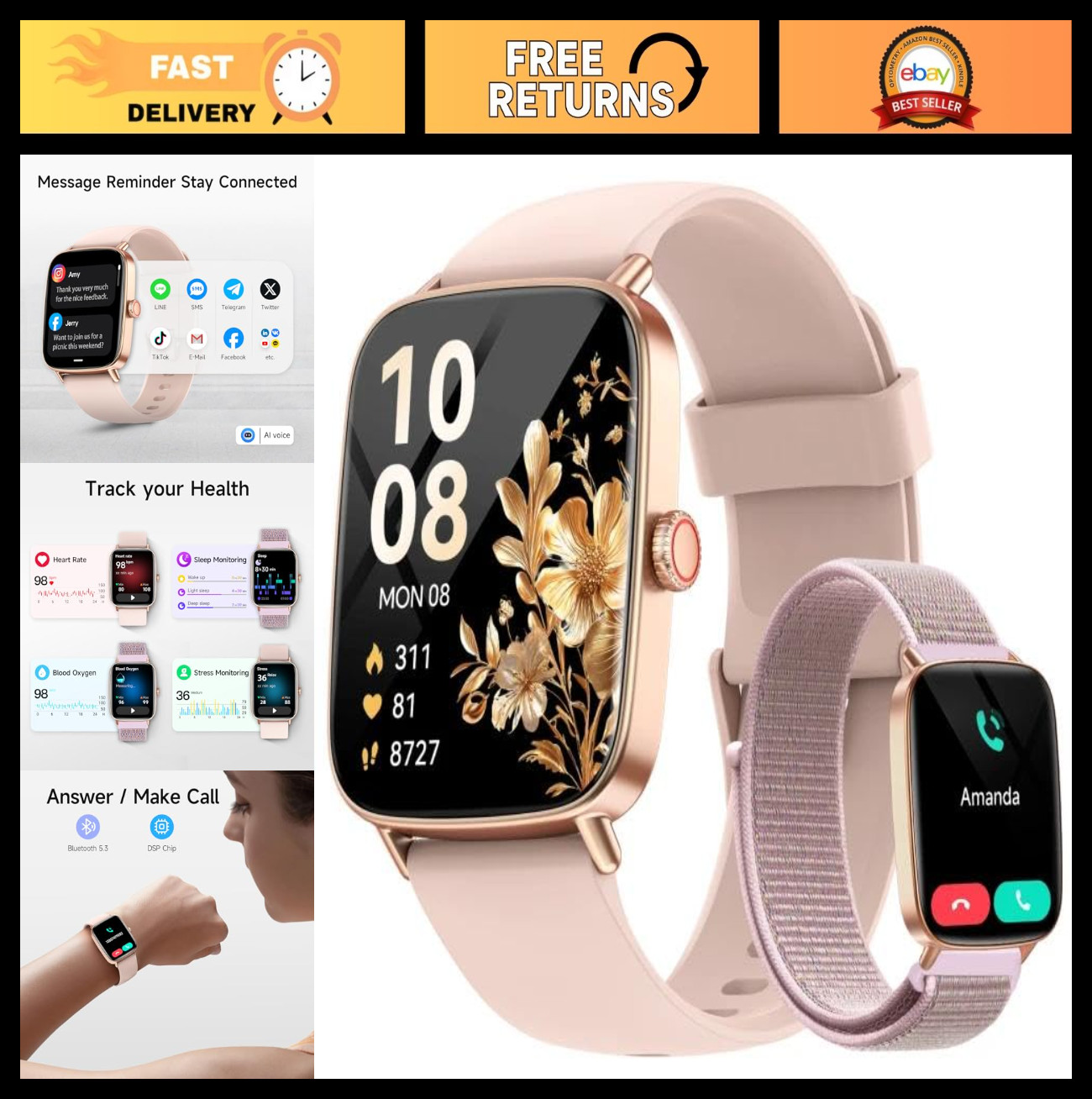 HD Smart Watch for Women – 1.85” Fitness Tracker, Heart Rate, Sleep Monitor, IP6