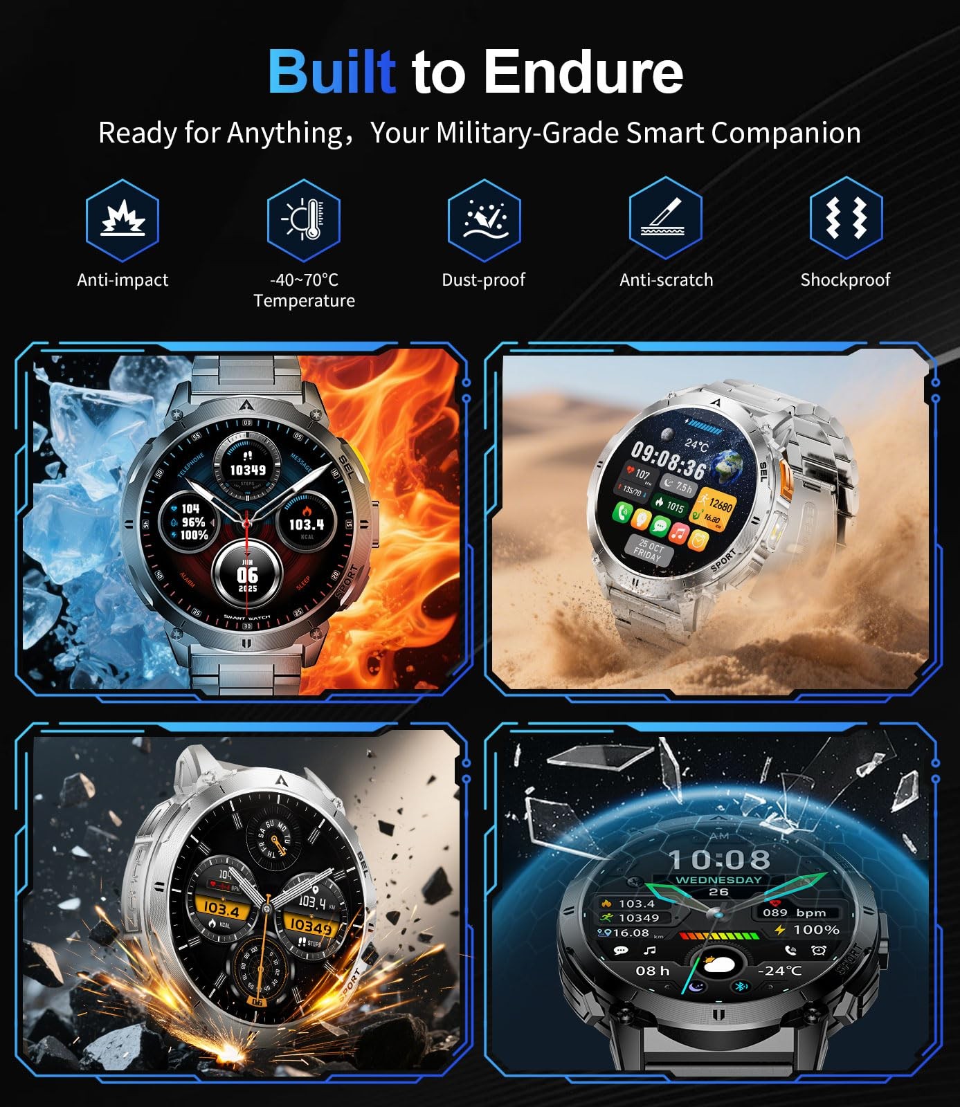 Military Smart Watches for Men, with 730mAh/1.62″ AMOLED Screen/Flashlight/He…