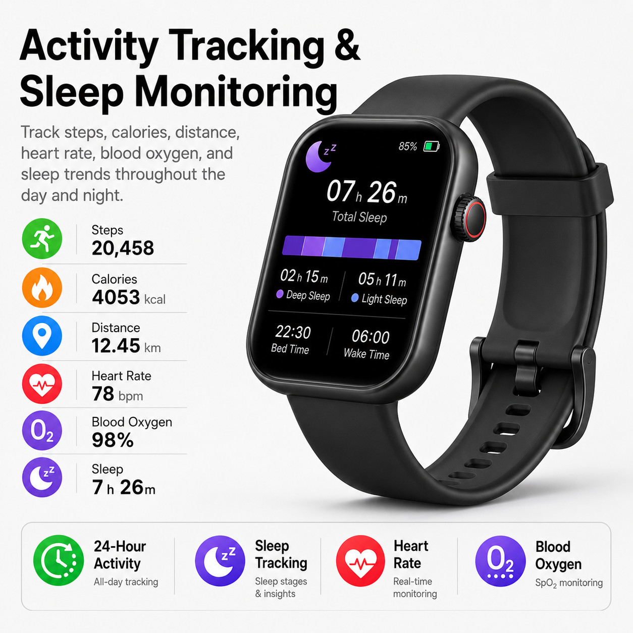 Smart Watch with Call Function Sleep Activity Tracker Black Silicone Band