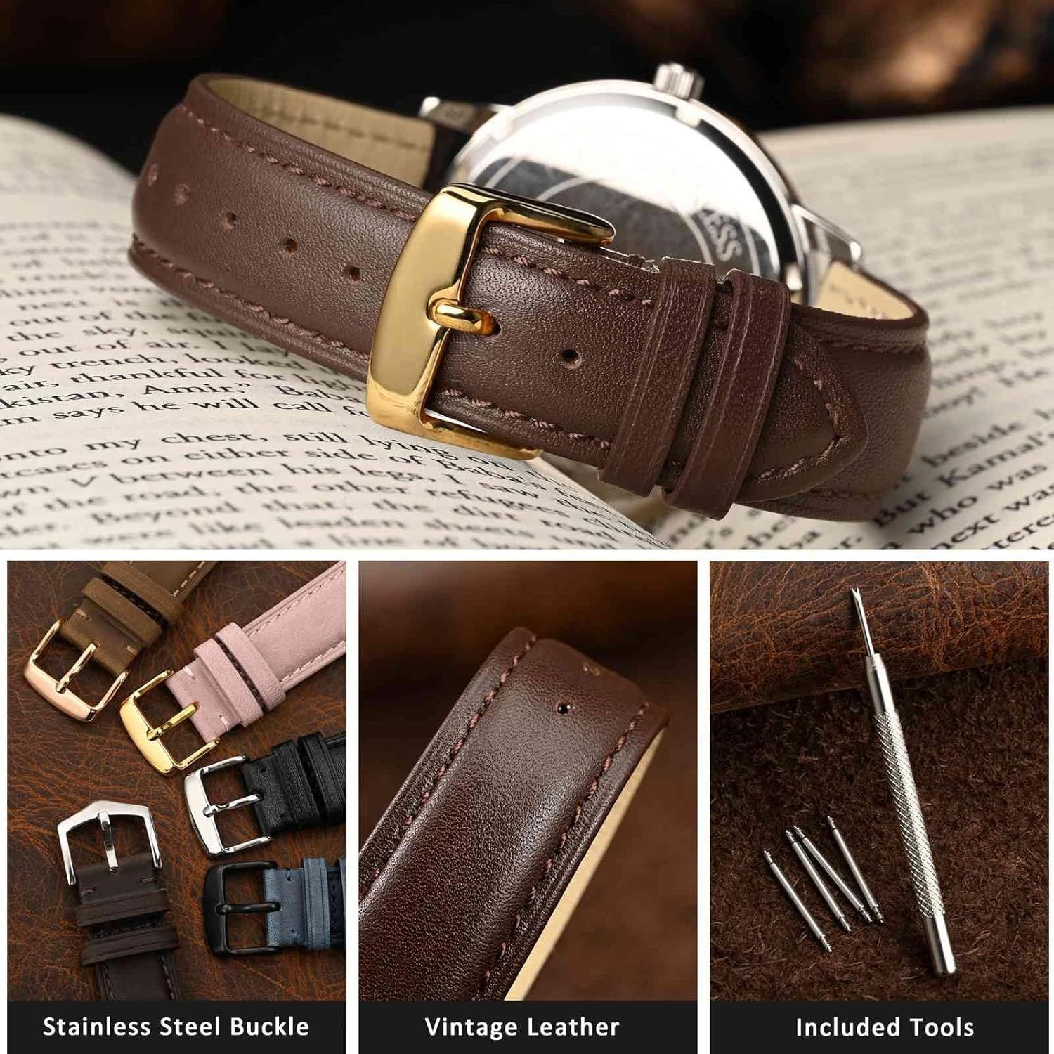 18mm Leather Strap Compatible with Men and Women Watches, Gold Buckle