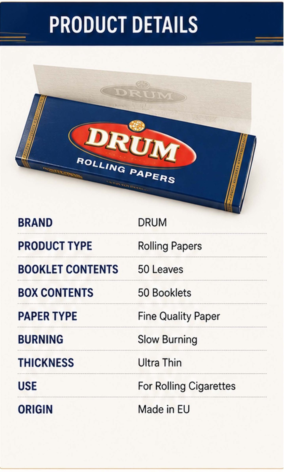 1X Box Drum Blue Standard Regular Size Rolling Papers 50 x Booklets