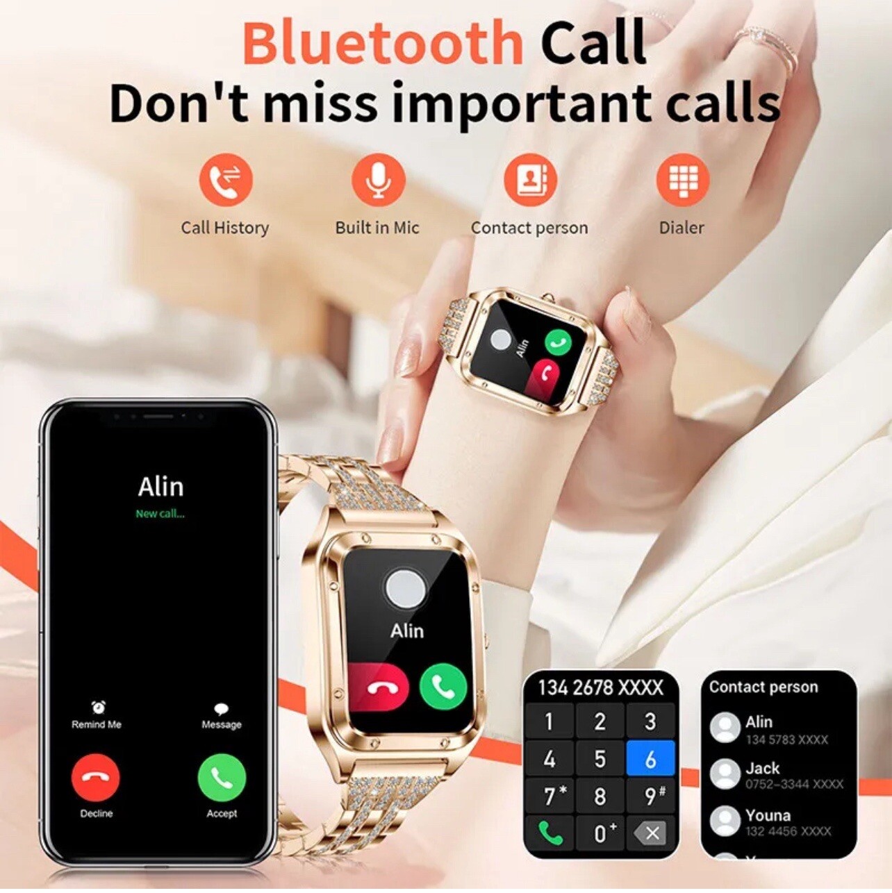 Woman Smart Watch + 2 Bands (Rubber , Diamond Metal ) Works With ( IOS, Android)