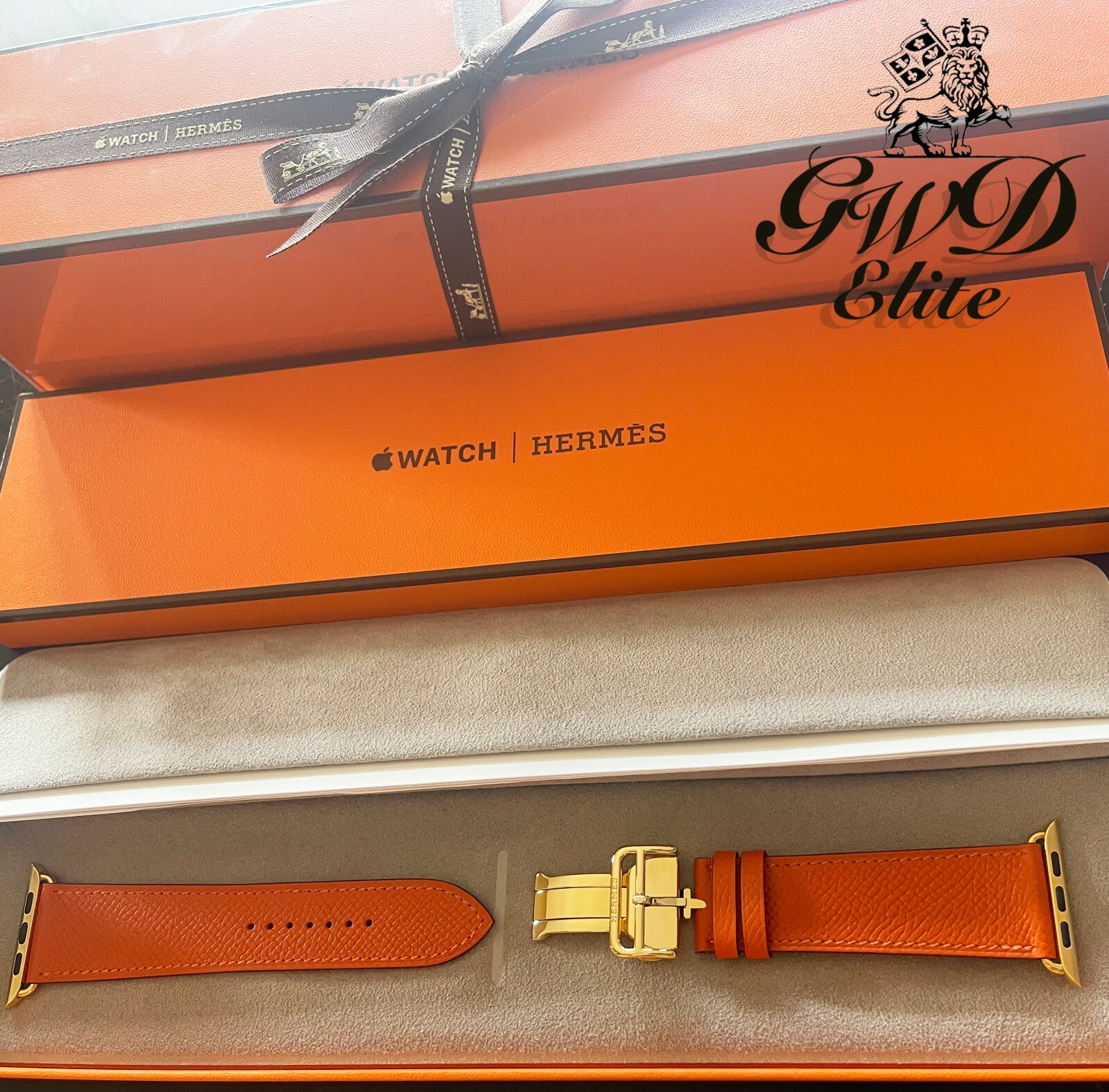Hermes Apple Watch SERIES 7 with Orange Feu Deployment 24k Gold Plated 45mm band