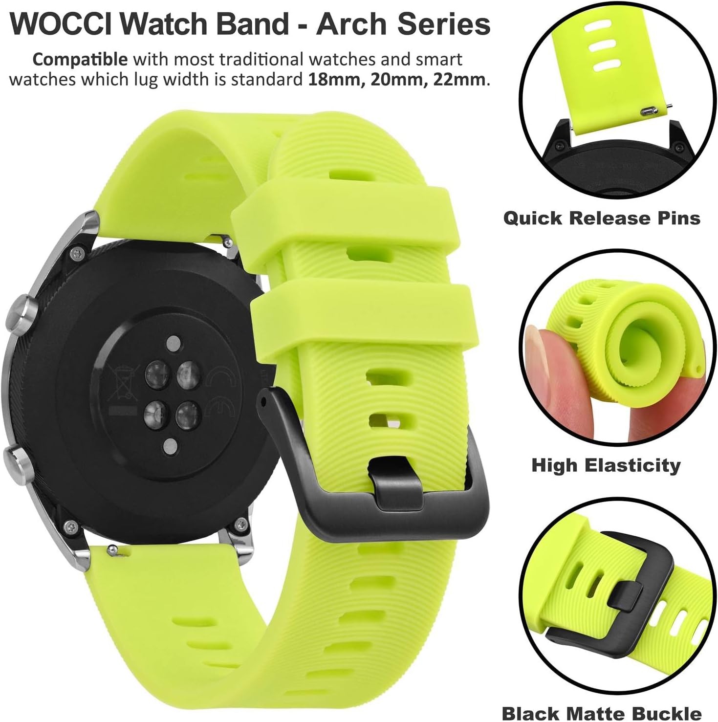 18mm Silicone Strap Compatible with Watch Band, Quick Release, Lime Green