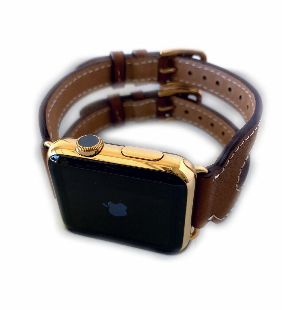 24K Gold 42MM Apple Watch with Leather Etoupe Double Buckle Cuff