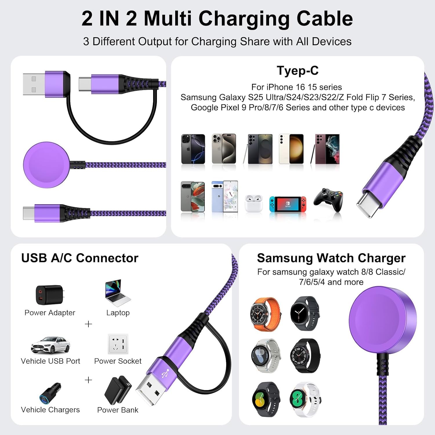Travel Essentials 2 in 2 USB A/USB C Cable for Samsung Watch Charger 6FT