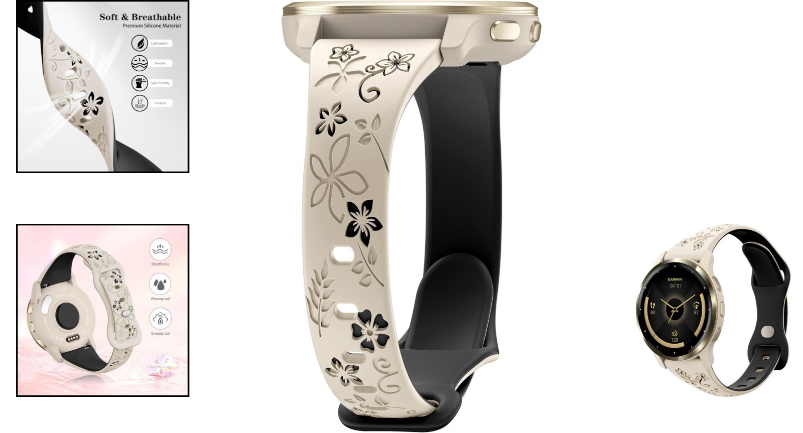 Stylish 18mm Floral Engraved Smartwatch Band for Venu, Forerunner & Vivoactive