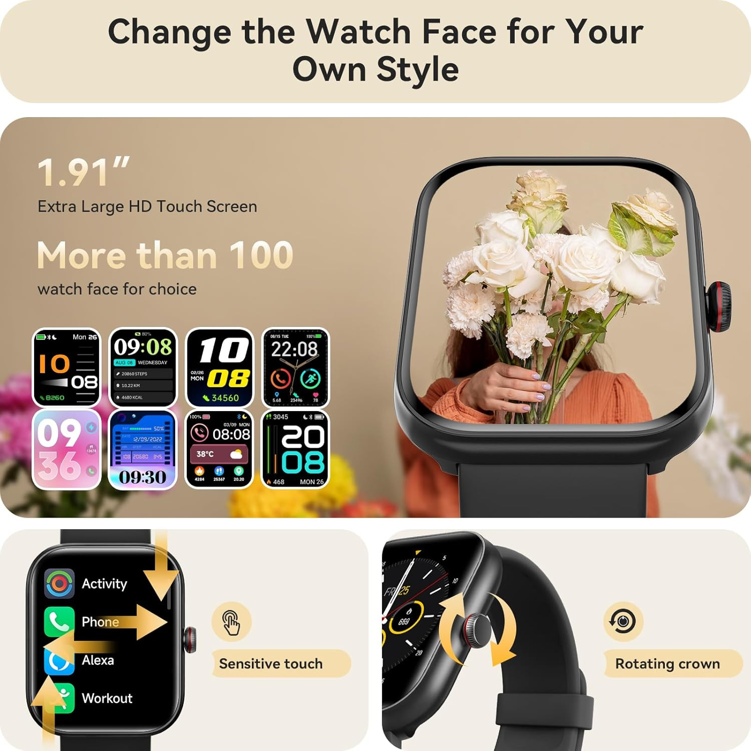 Premium Smart Watch for iOS & Android, Fitness Tracker with Alexa, IP68 Waterpro