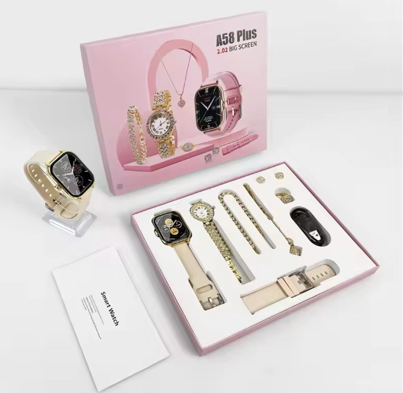 A58 Plus 2.02in Touch Screen Smart Watch Gift Set Beige Band Gold Metal Case