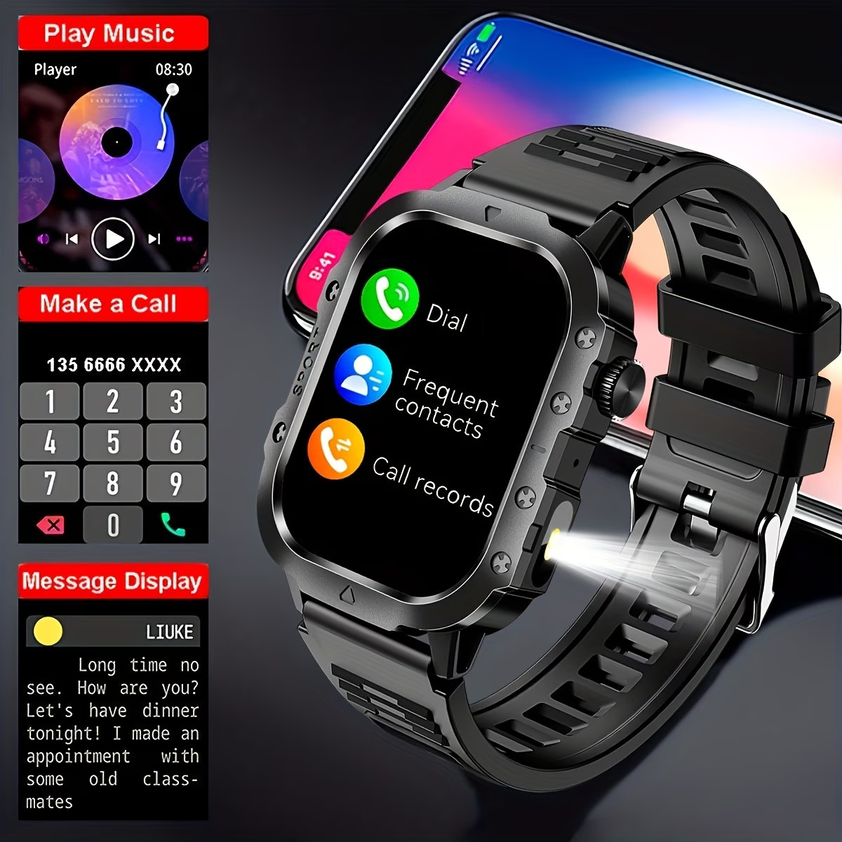 Military Smart Watch Men(Answer/Make Call), Outdoor Smartwatch with Flashlight