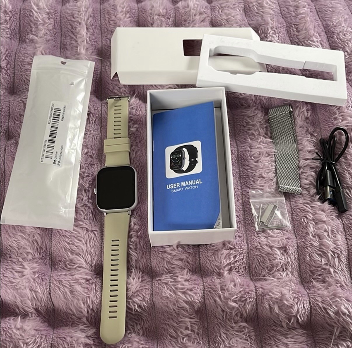 Smart Watch Beige Silicone Band Silver Case Extra Silver Mesh Band
