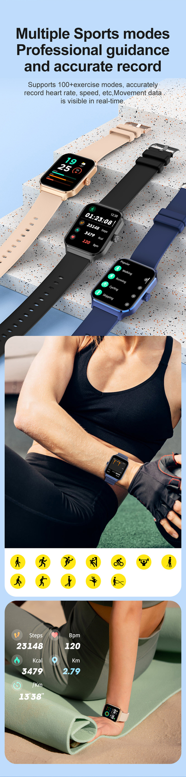 1.96inch Bluetooth Smart Watch Sleep Monitor 100 Sport Models Women Men Bracelet