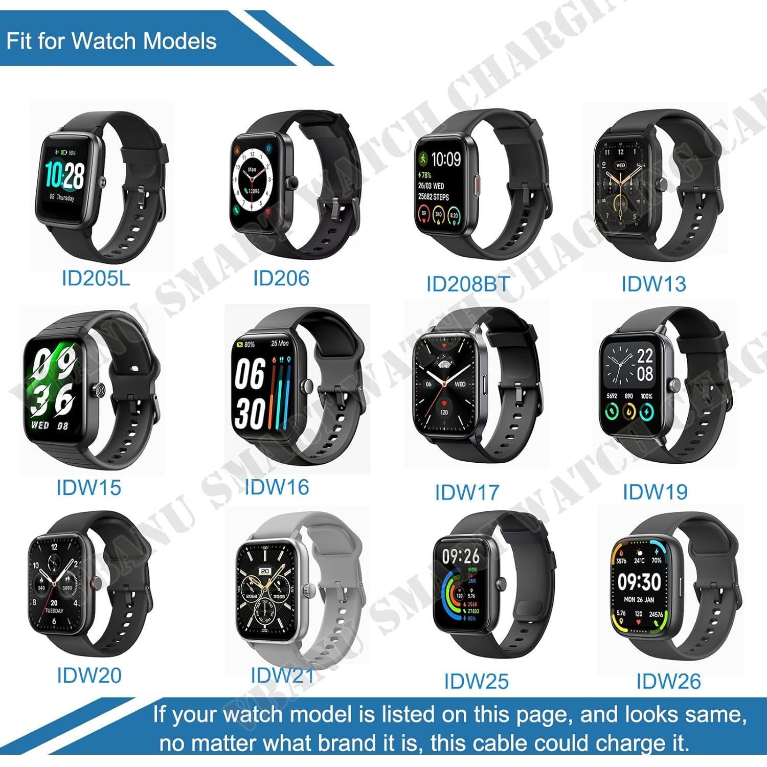 Charger for Smartwatch ID208, GTX20, IDW13/15/16/17, IDW19/20/25/26/28, 3.3 ft