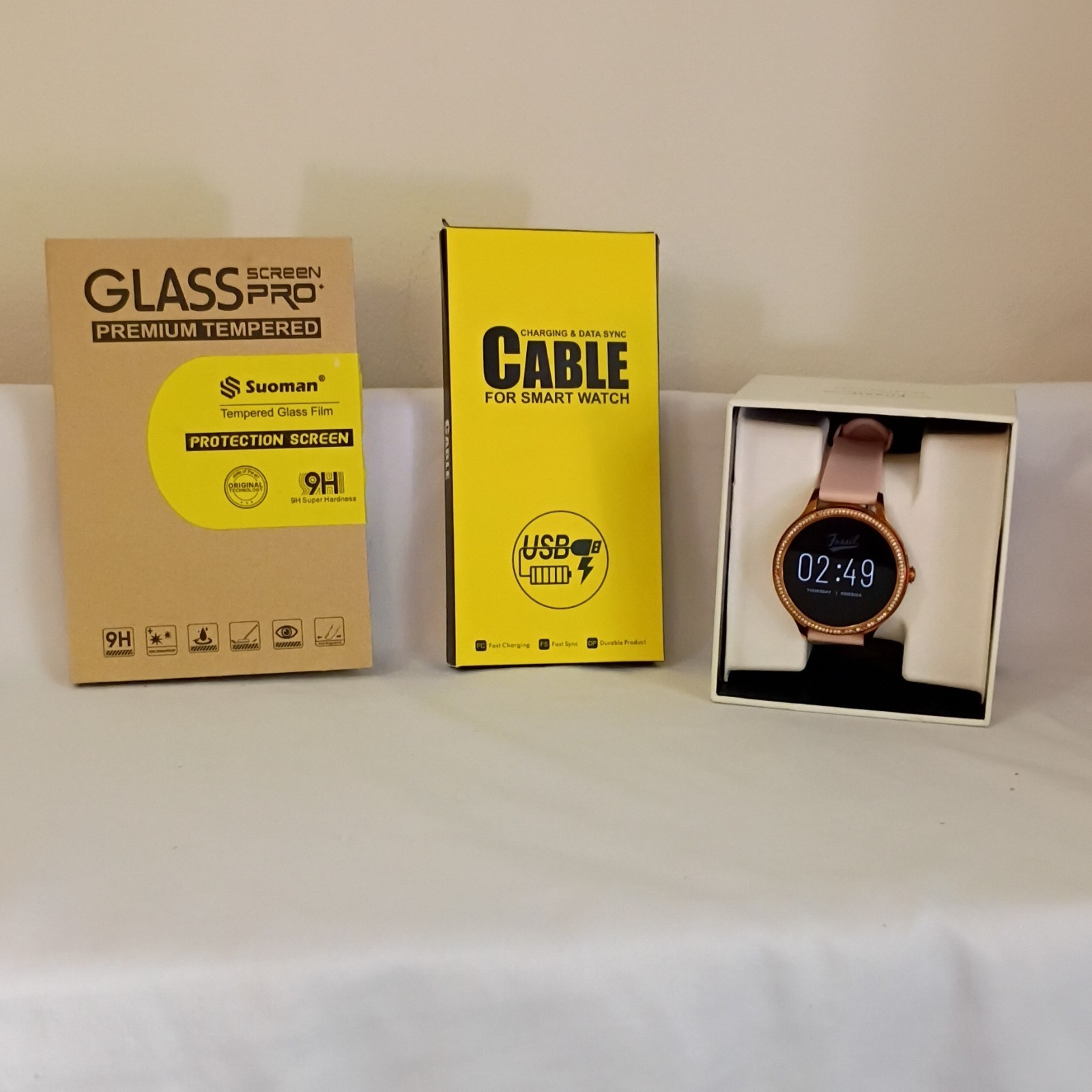 Fossil DW11F1 Smart Watch Gold Case Pink Silicone Band iOS Android Bundle