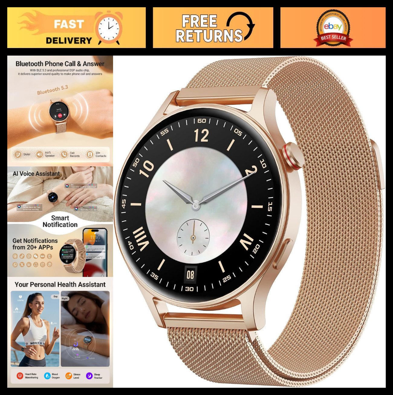 Stylish Smart Watch for Women – AMOLED Touchscreen, Waterproof, Fitness Tracker,