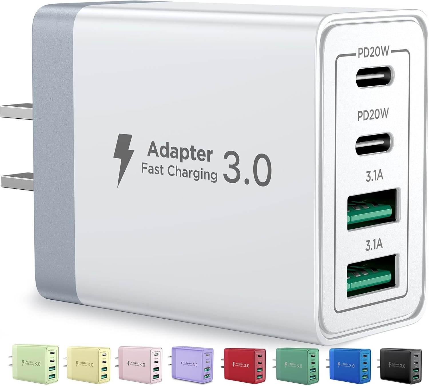 40W Wall Charger Block, 4-Port USB C Fast Charging Cube with Dual PD+QC Ports
