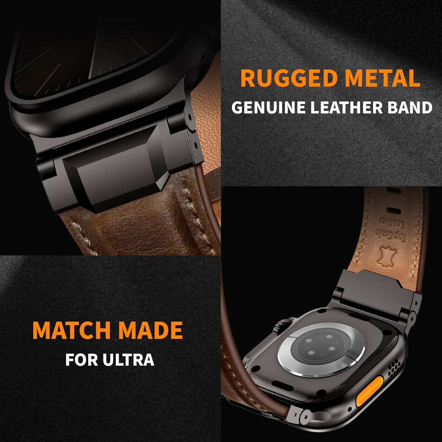 Genuine Leather Strap Compatible with Apple Watch Ultra 49mm, Dark Brown/Black