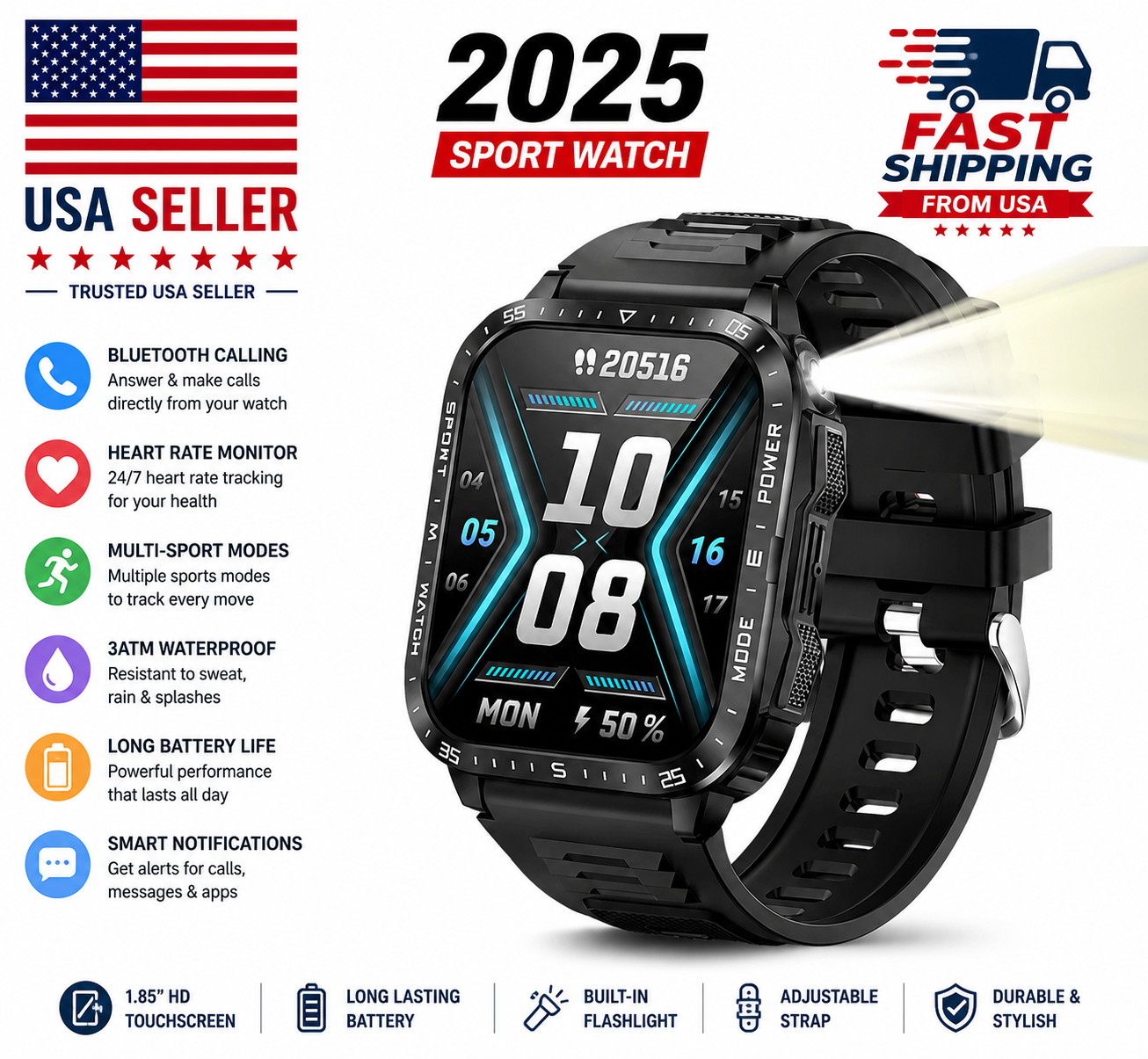 1.96” Bluetooth Smart Watch Fitness Tracker 3ATM Waterproof for iPhone Android