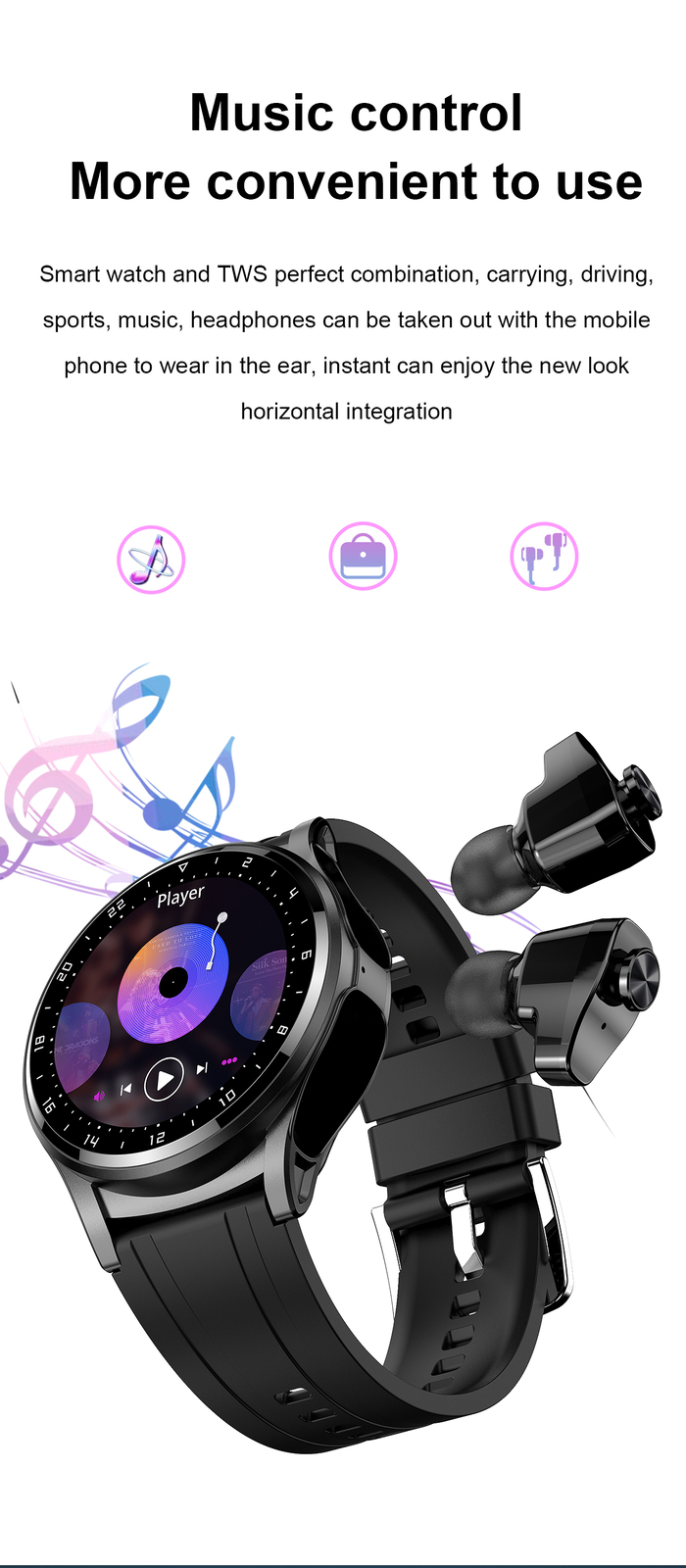 Bluetooth Smart Watch Earphones Touch Screen Waterproof Sports Fitness Tracker