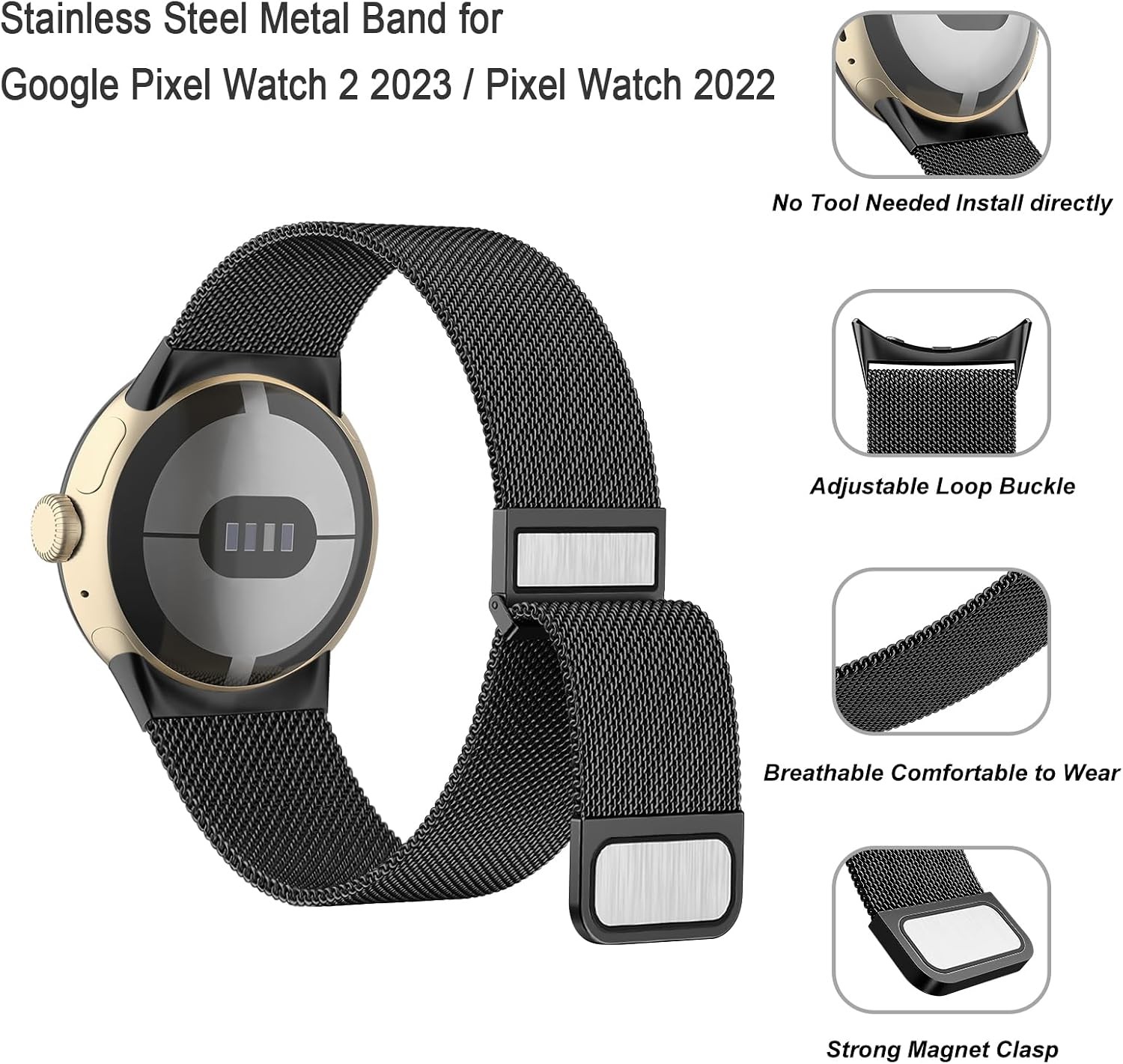 Adjustable Black Stainless Steel Mesh Loop Band for Google Pixel Watch – Meliya